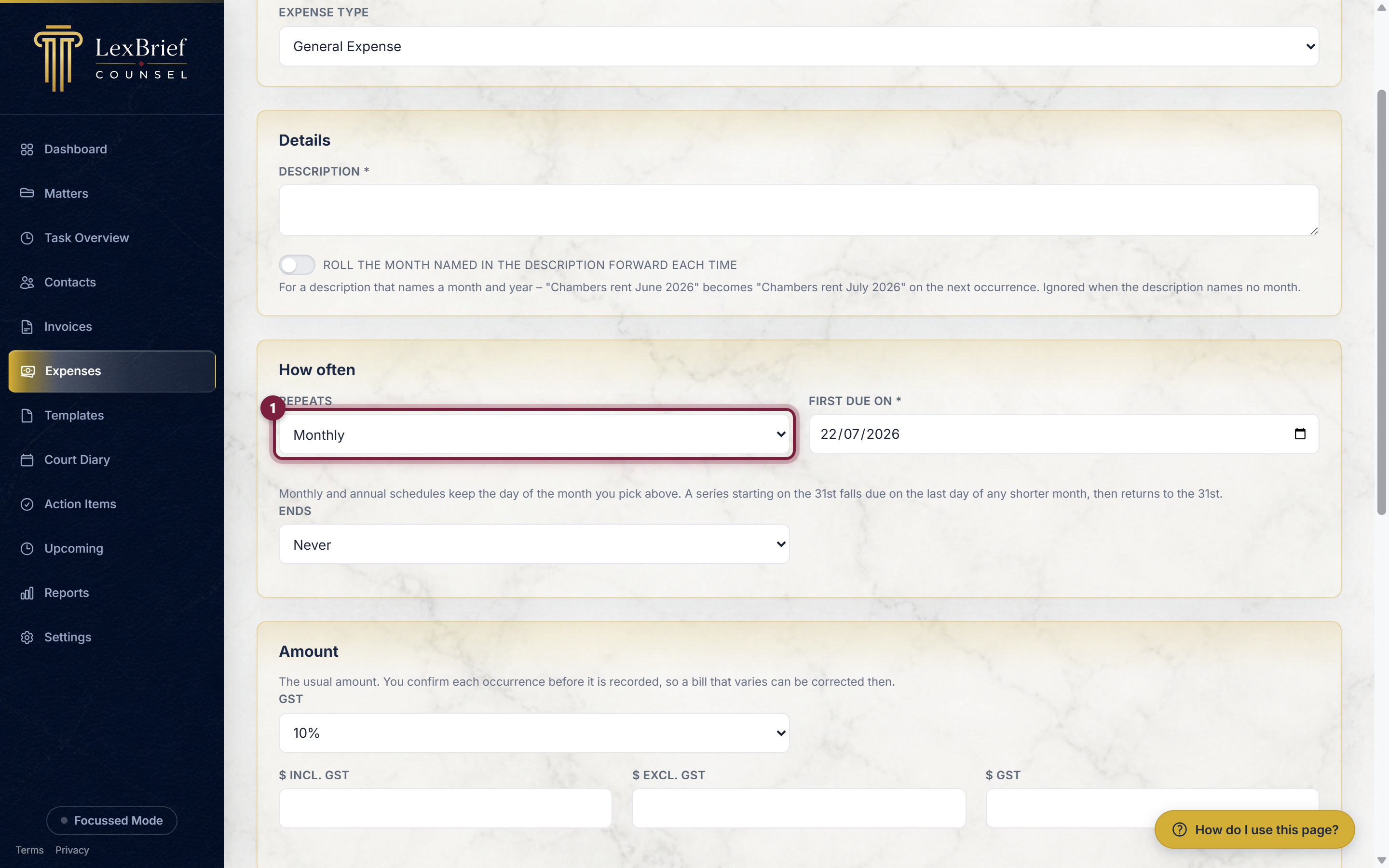 The new recurring expense form, with the Repeats box circled and the First due on and Ends boxes beside it