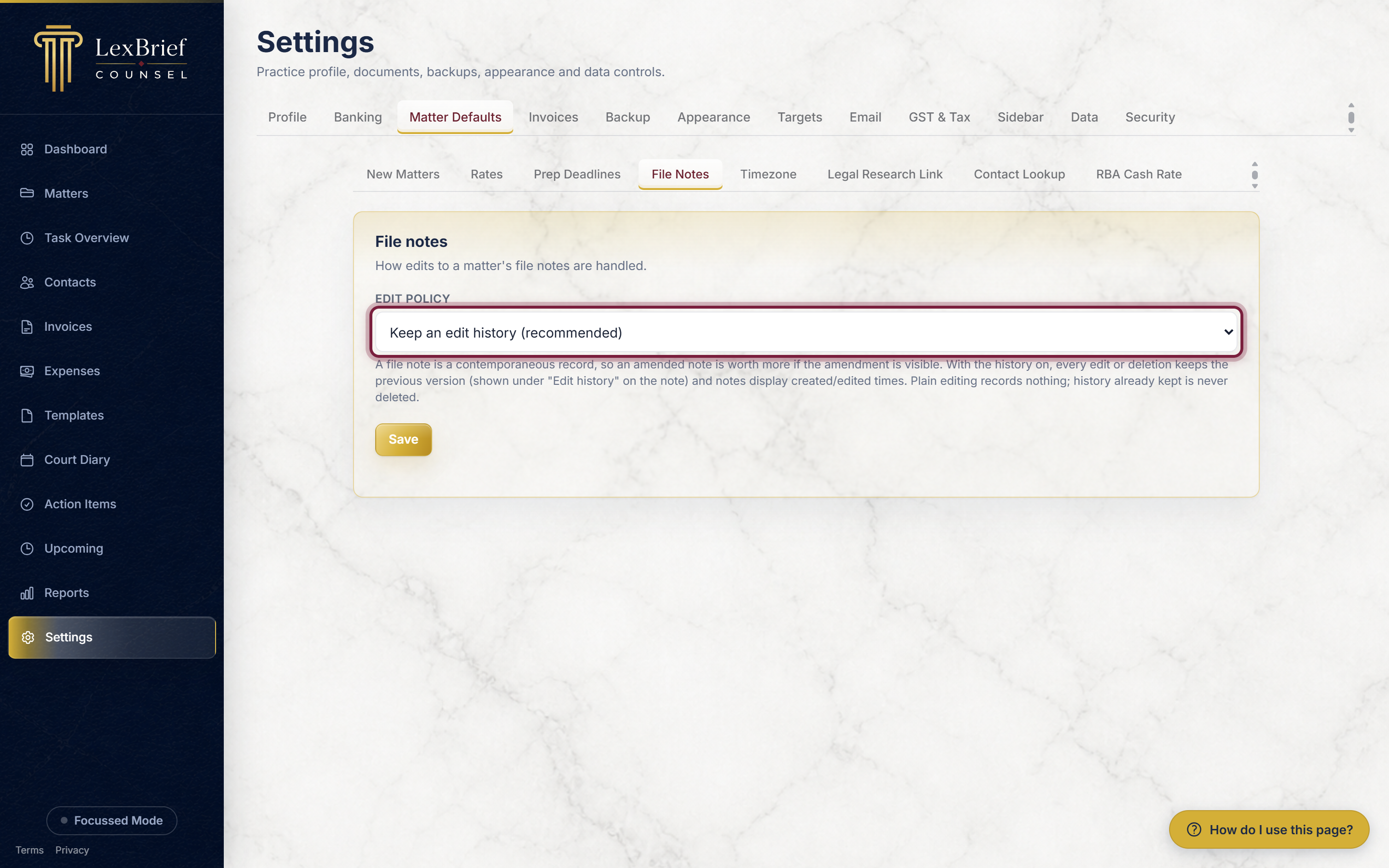 The File notes section of Settings, Matter Defaults, with the Edit policy box circled