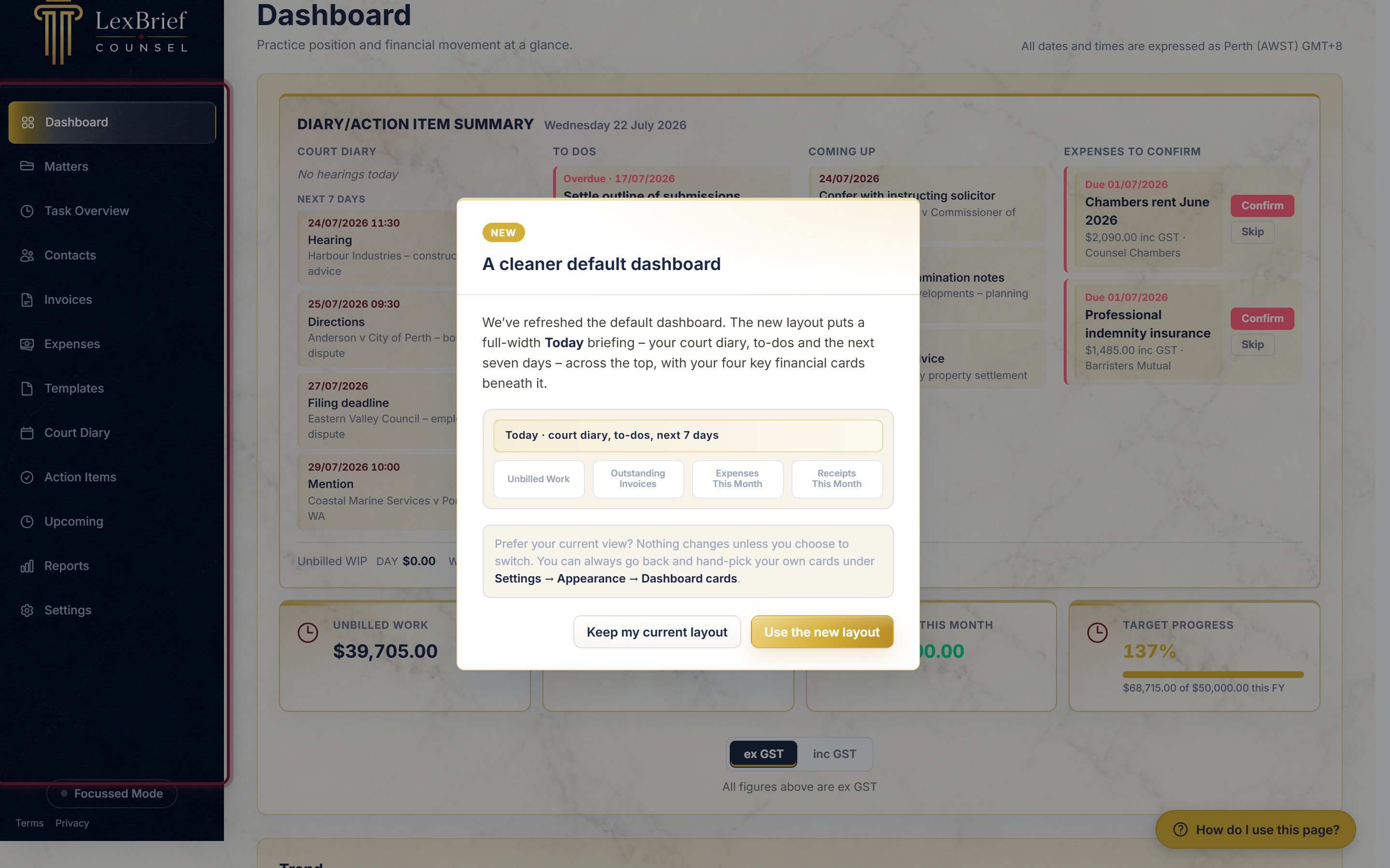 The LexBrief Counsel home screen (Dashboard) with the left-hand menu highlighted