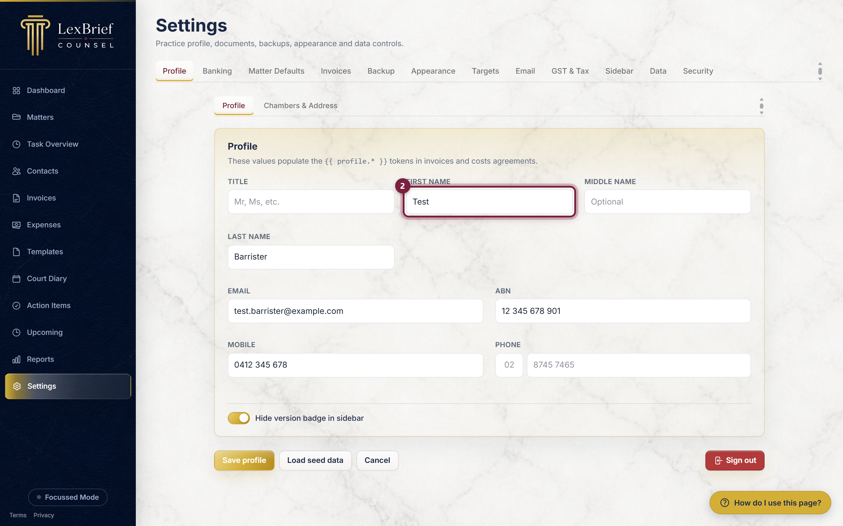 The First name box on the Profile page, circled