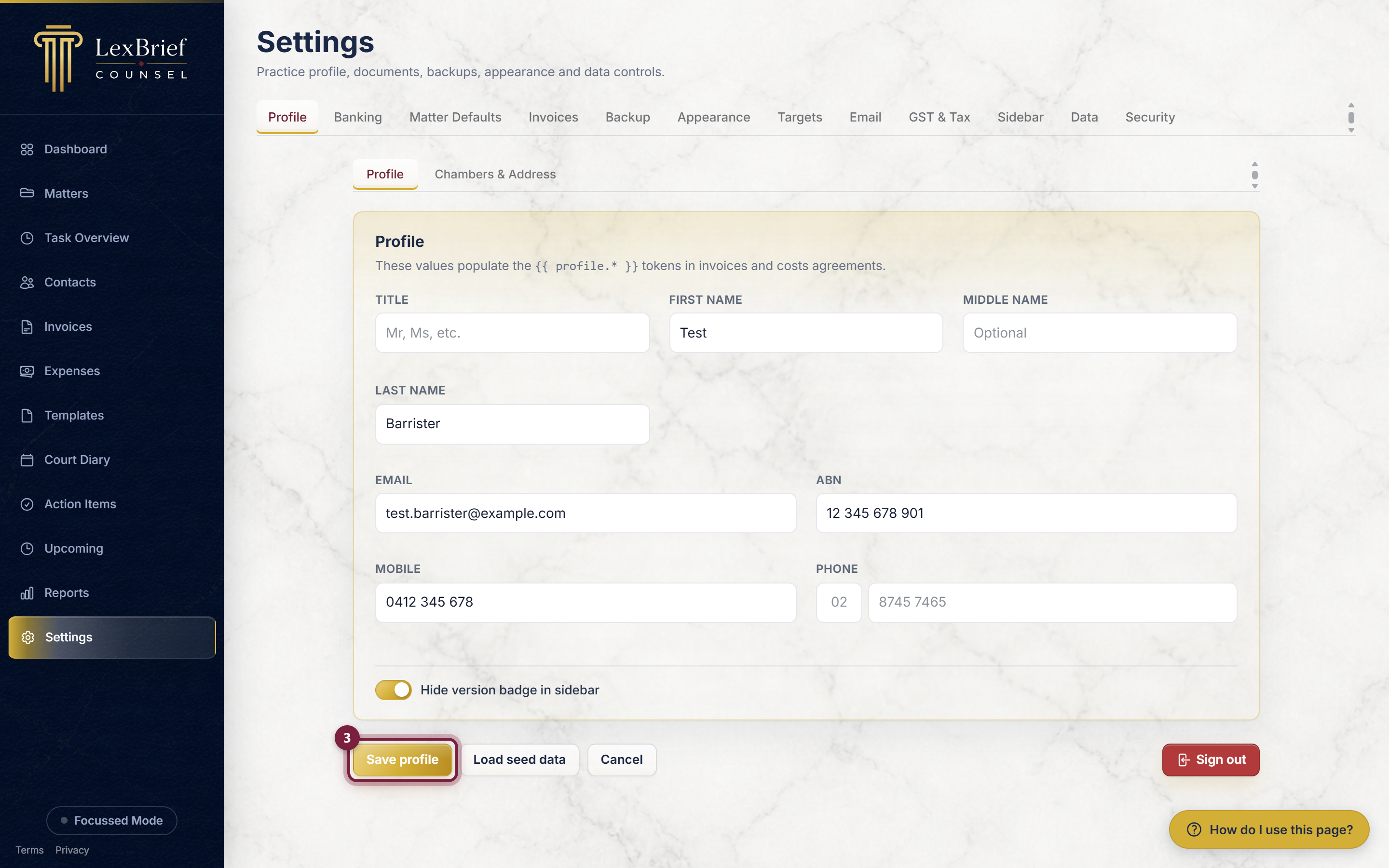 The Save profile button at the bottom of the Profile page, circled