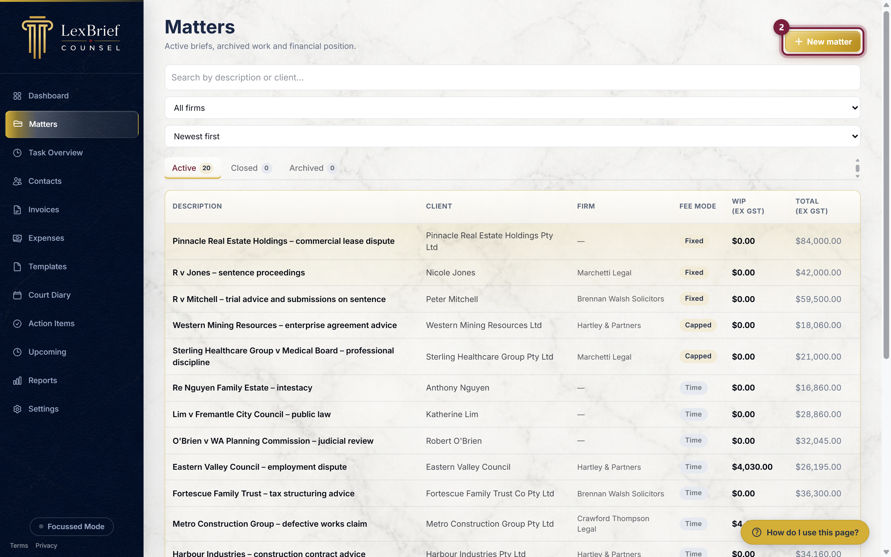 The New matter button in the top-right of the Matters page, circled
