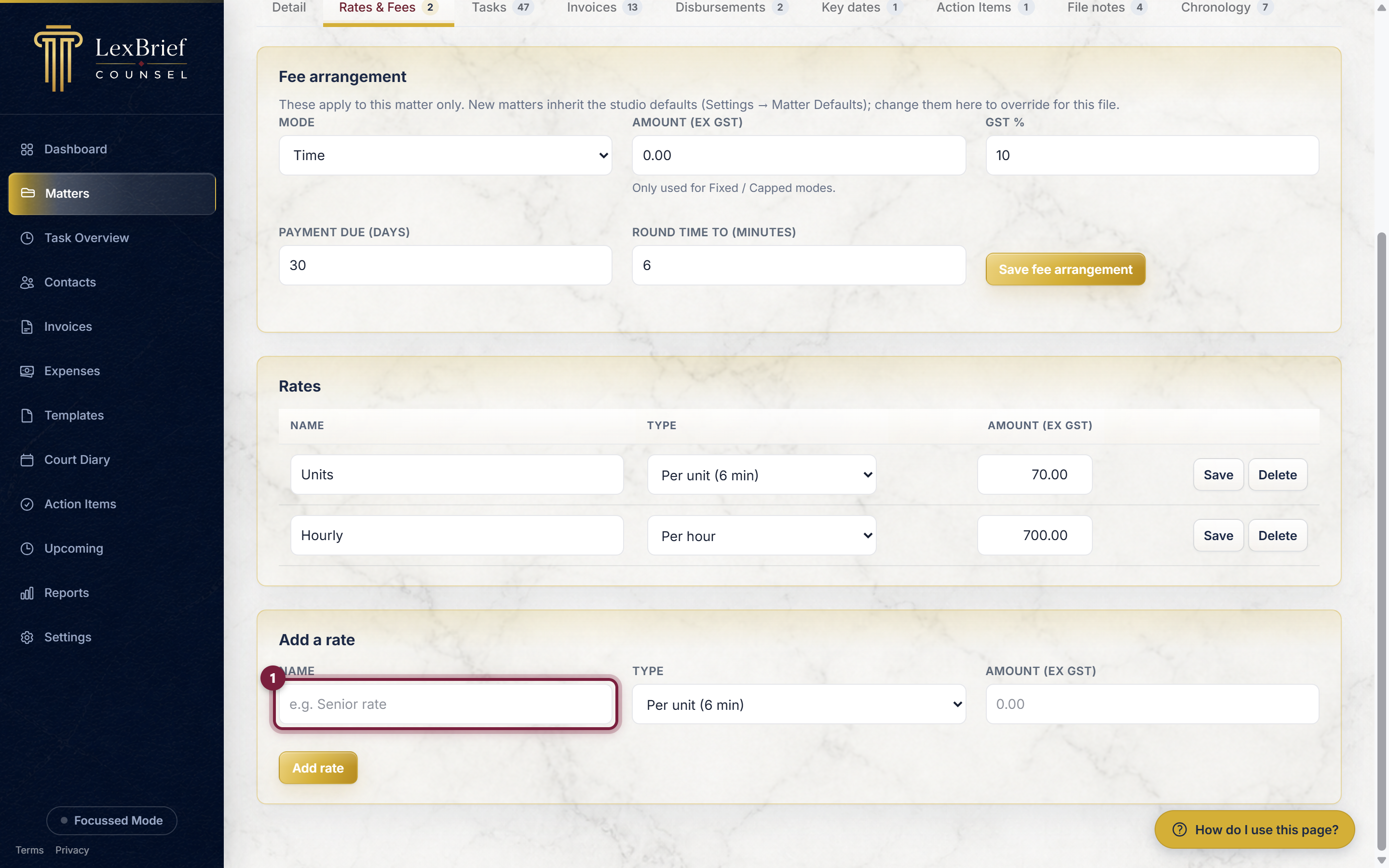 The Add a rate row on the Rates tab, with the Name box circled