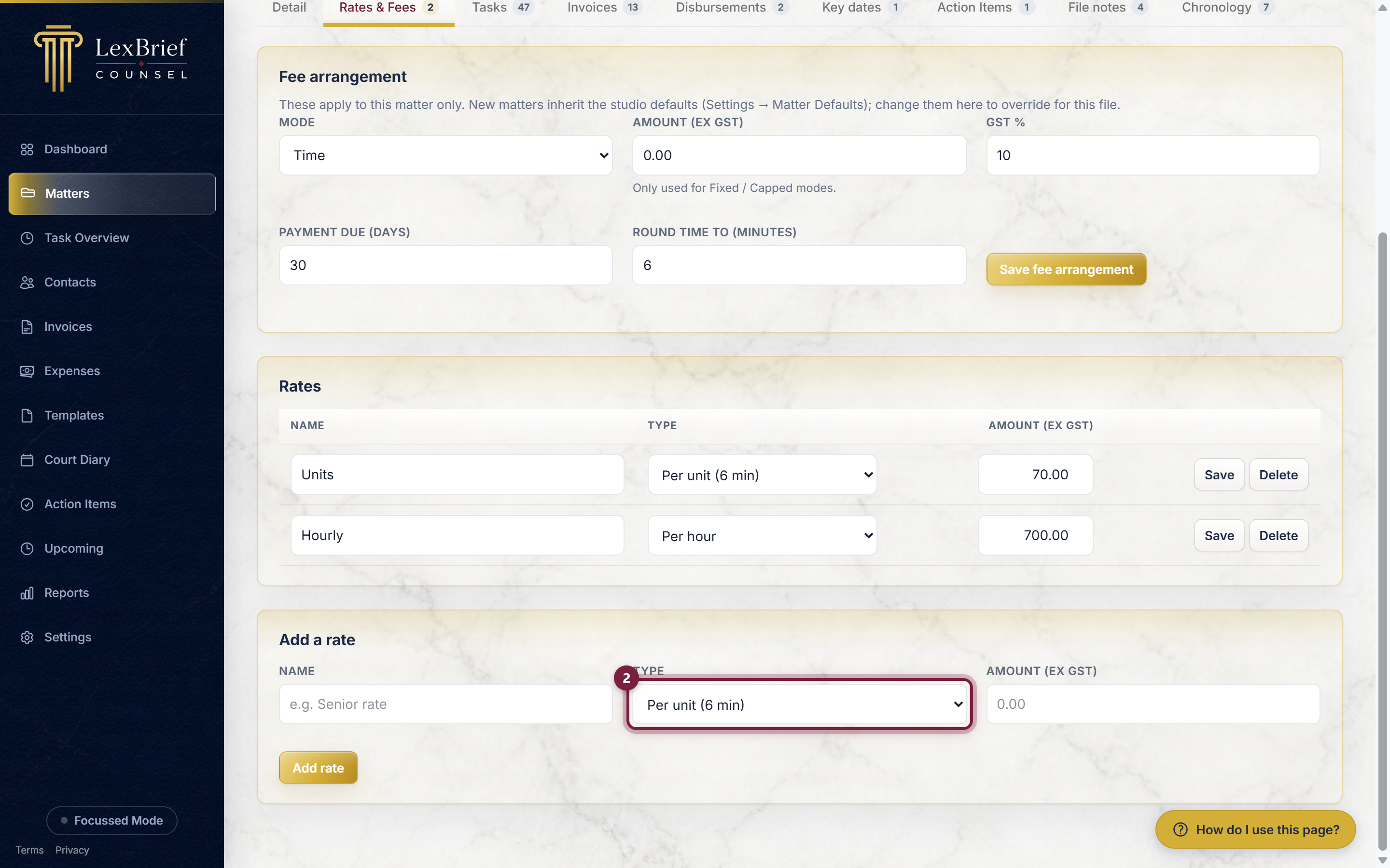 The rate type box on the Add a rate row, circled