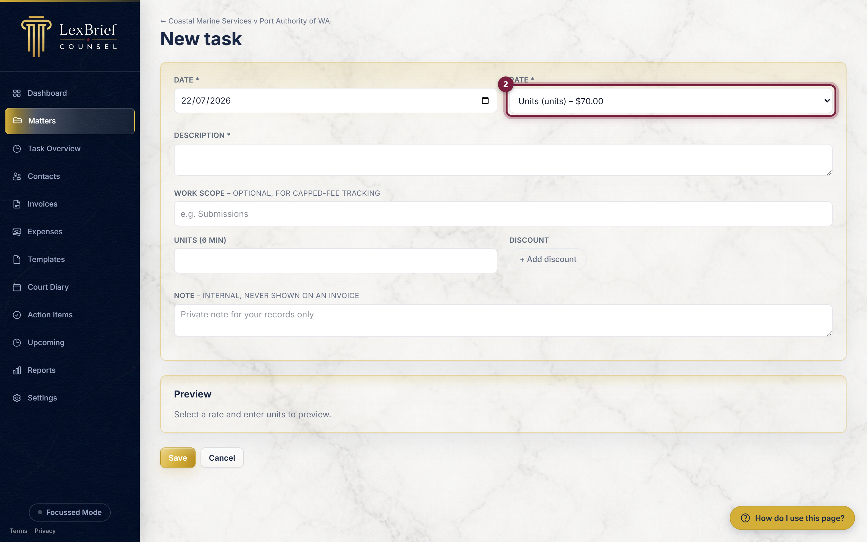 The new task form with the Rate box circled