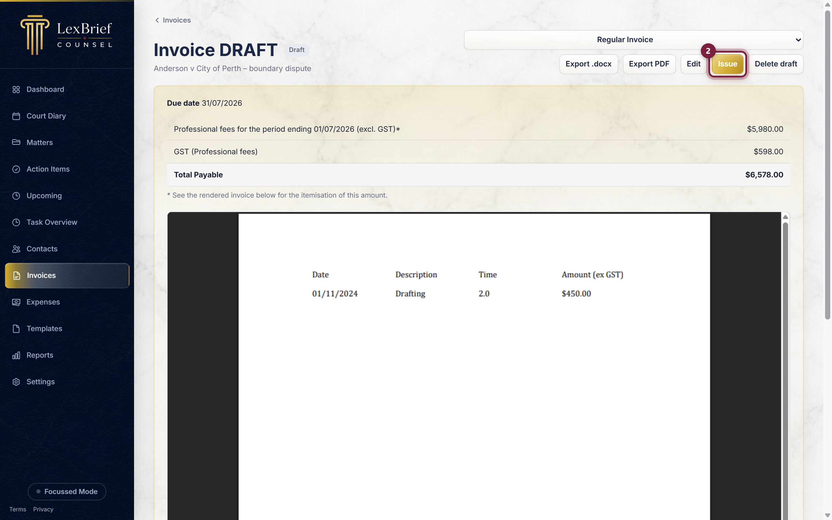 A draft invoice with the Issue button circled, and the rendered invoice previewed below