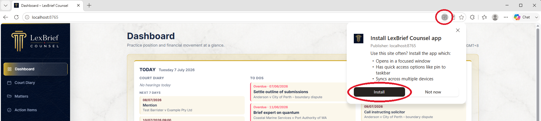 The Edge install icon at the right of the address bar, and the Install button in the Install LexBrief Counsel app box, both circled