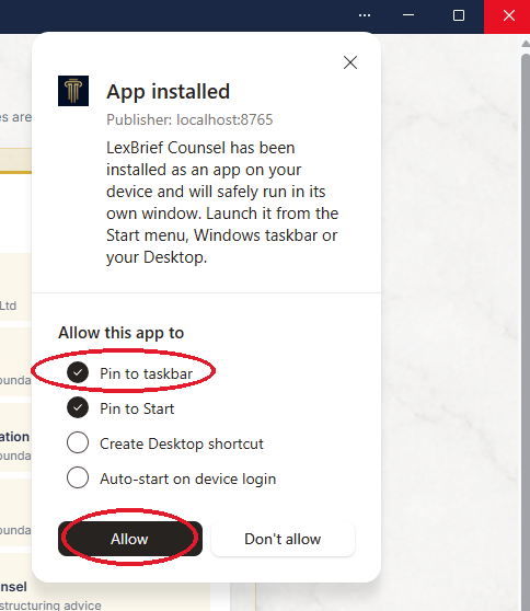 The Edge App installed box with Pin to taskbar ticked and the Allow button, both circled