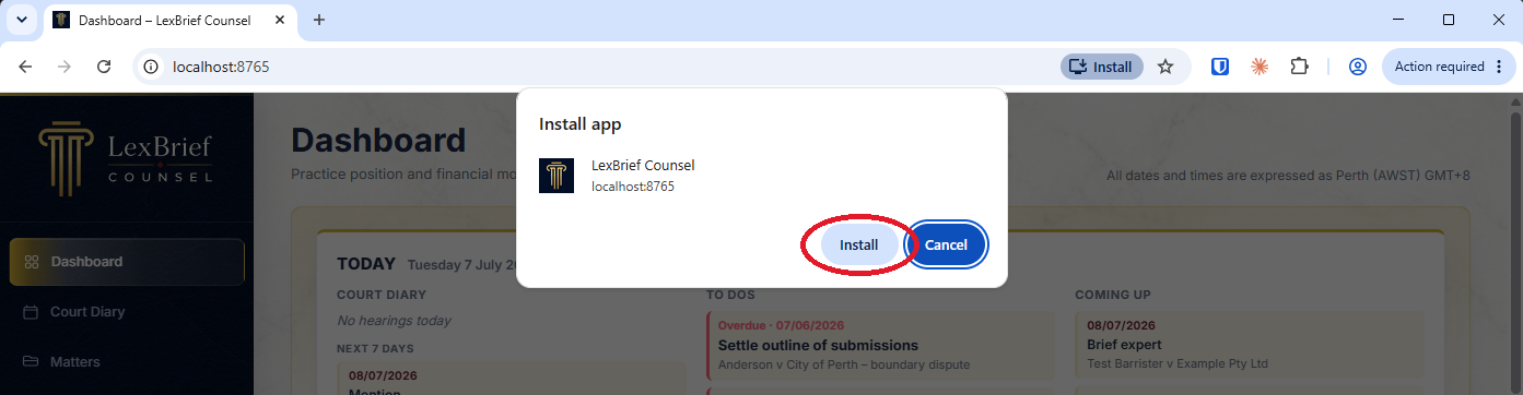 The Chrome Install app box with the Install button circled