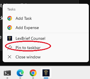 The right-click menu on the taskbar icon, with Pin to taskbar circled