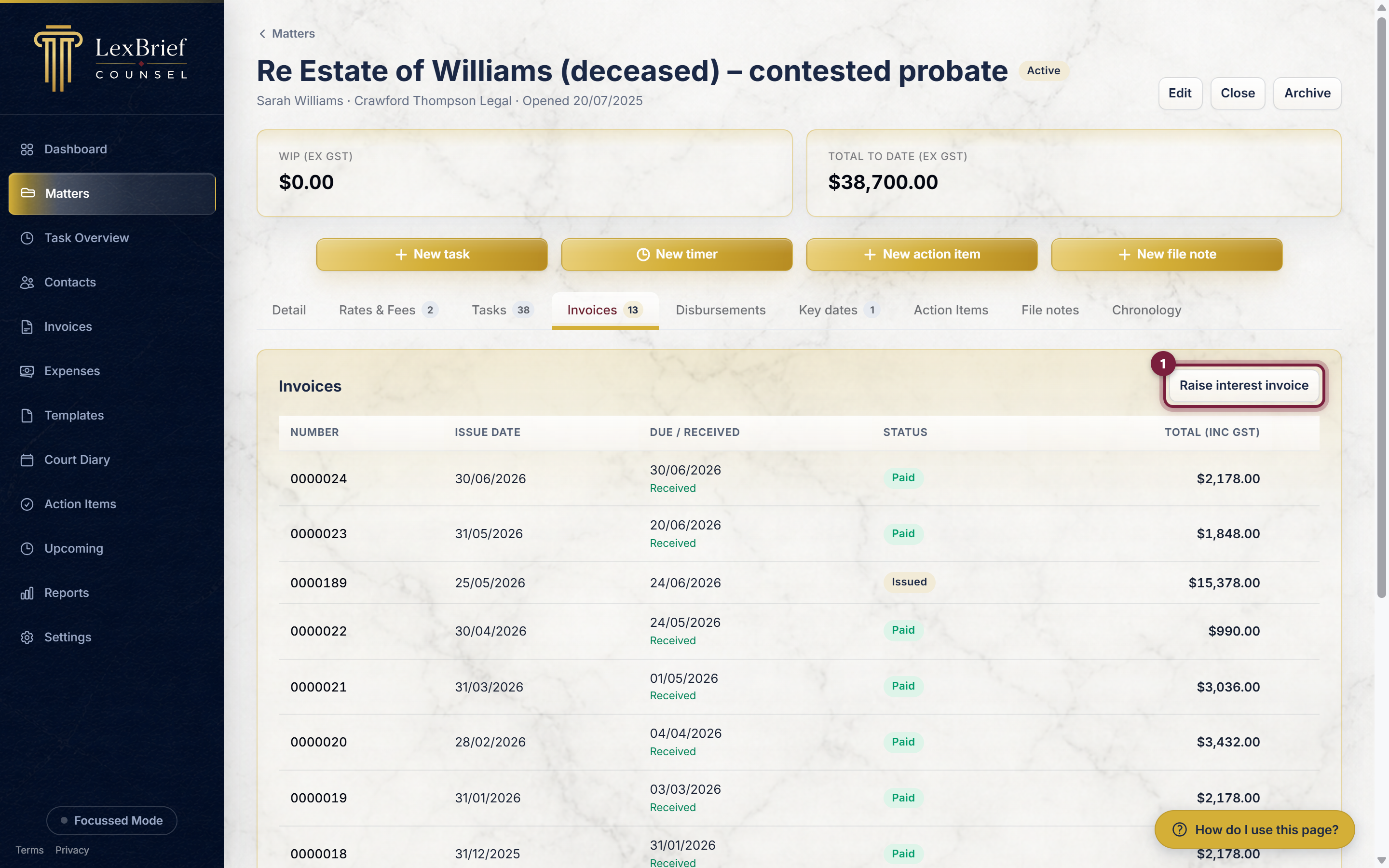 A matter's Invoices tab, with the Raise interest invoice button on the right circled