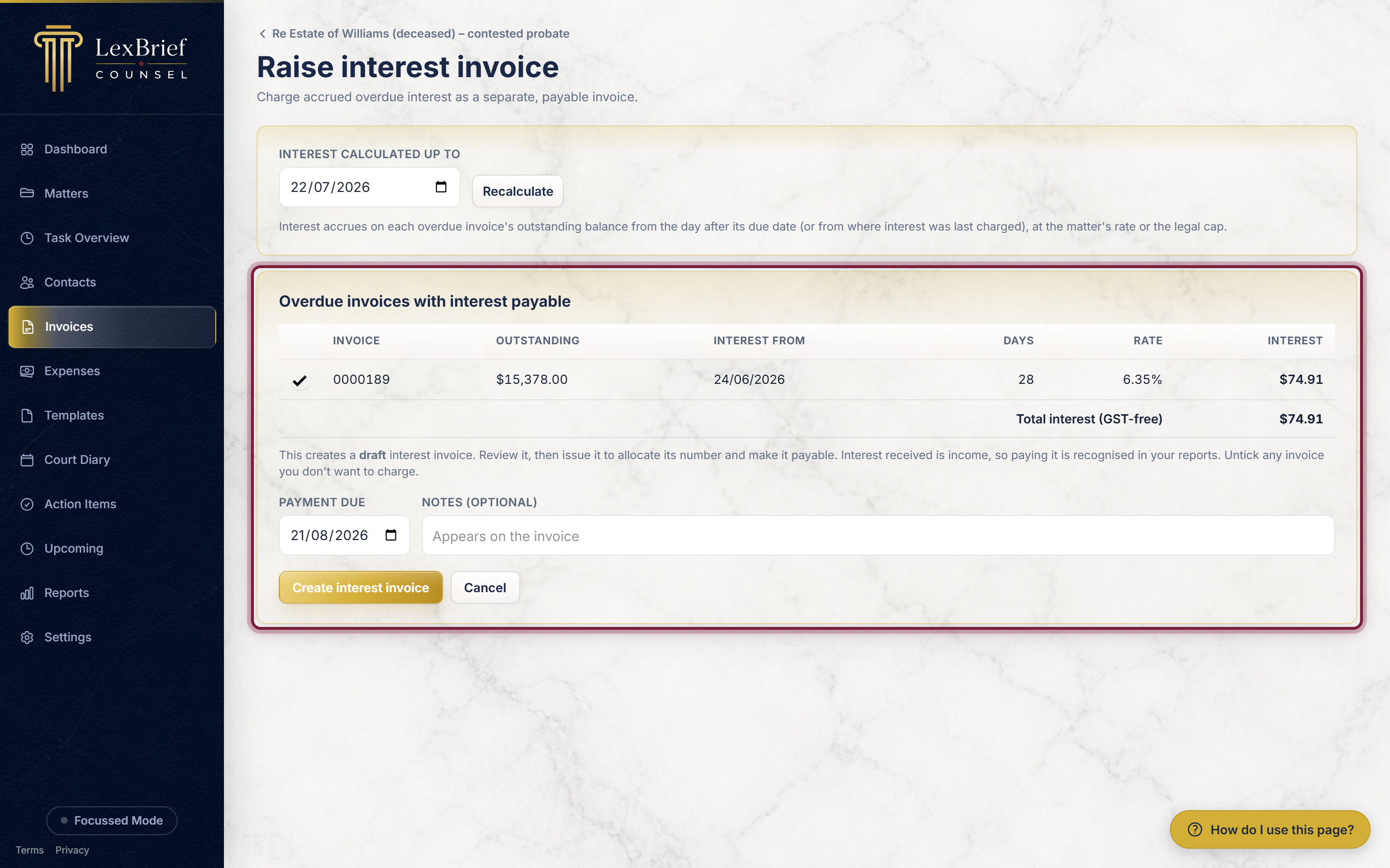 The Raise interest invoice screen, listing the matter's overdue invoices with their outstanding amounts, days overdue, rate and interest, and a GST-free total, all circled