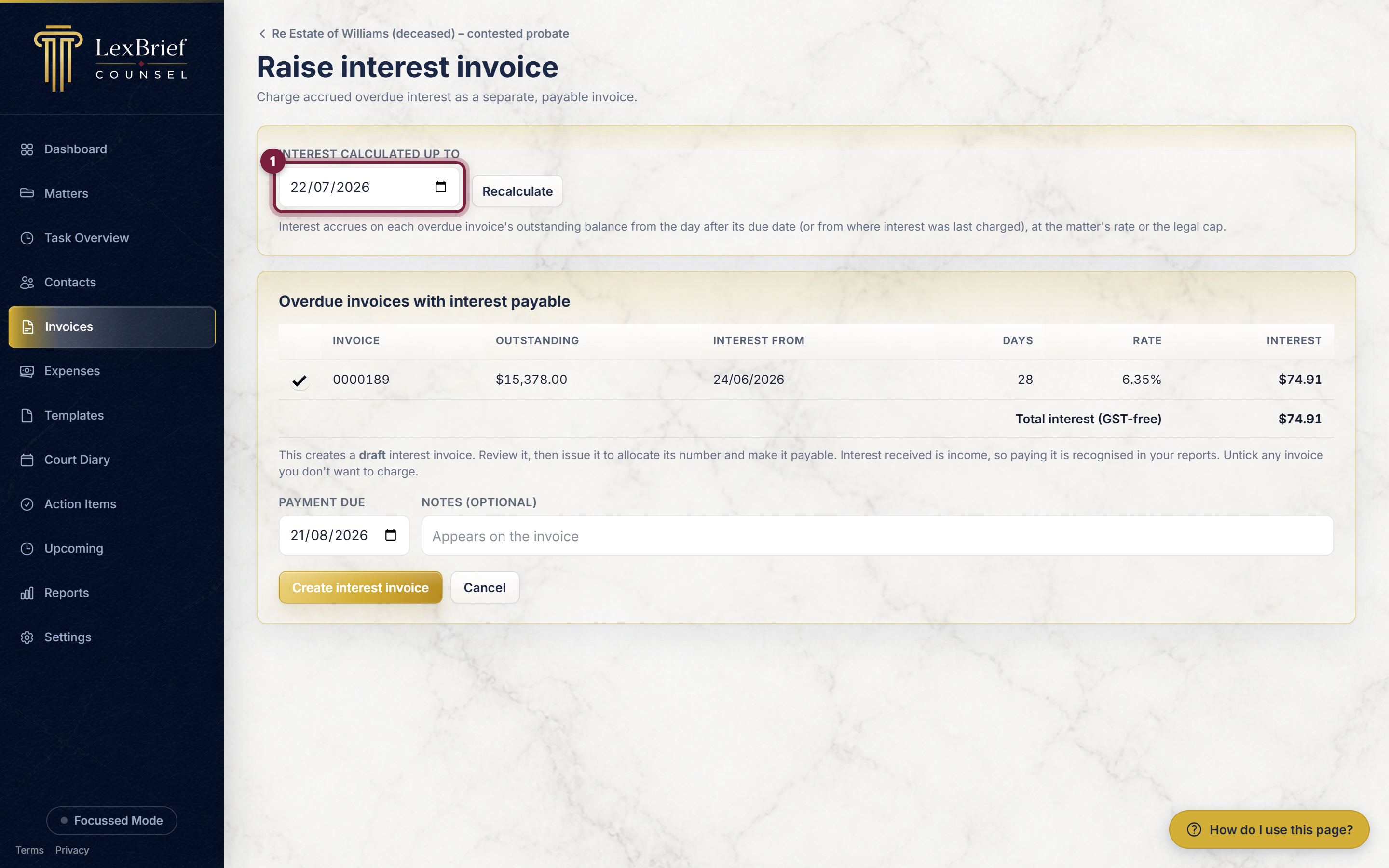 The Interest calculated up to date box at the top of the screen, circled
