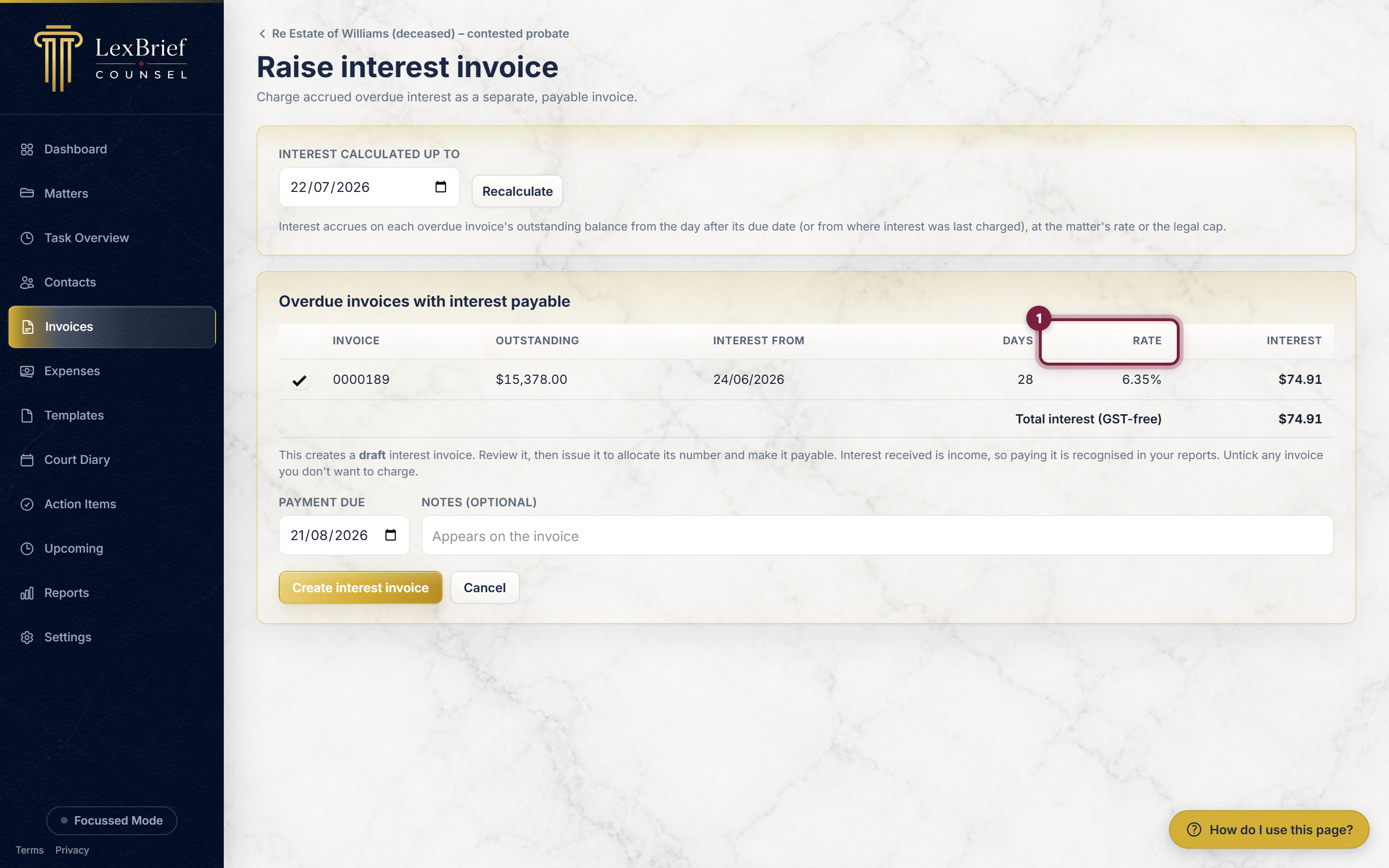 The Rate column in the overdue-invoice list, circled