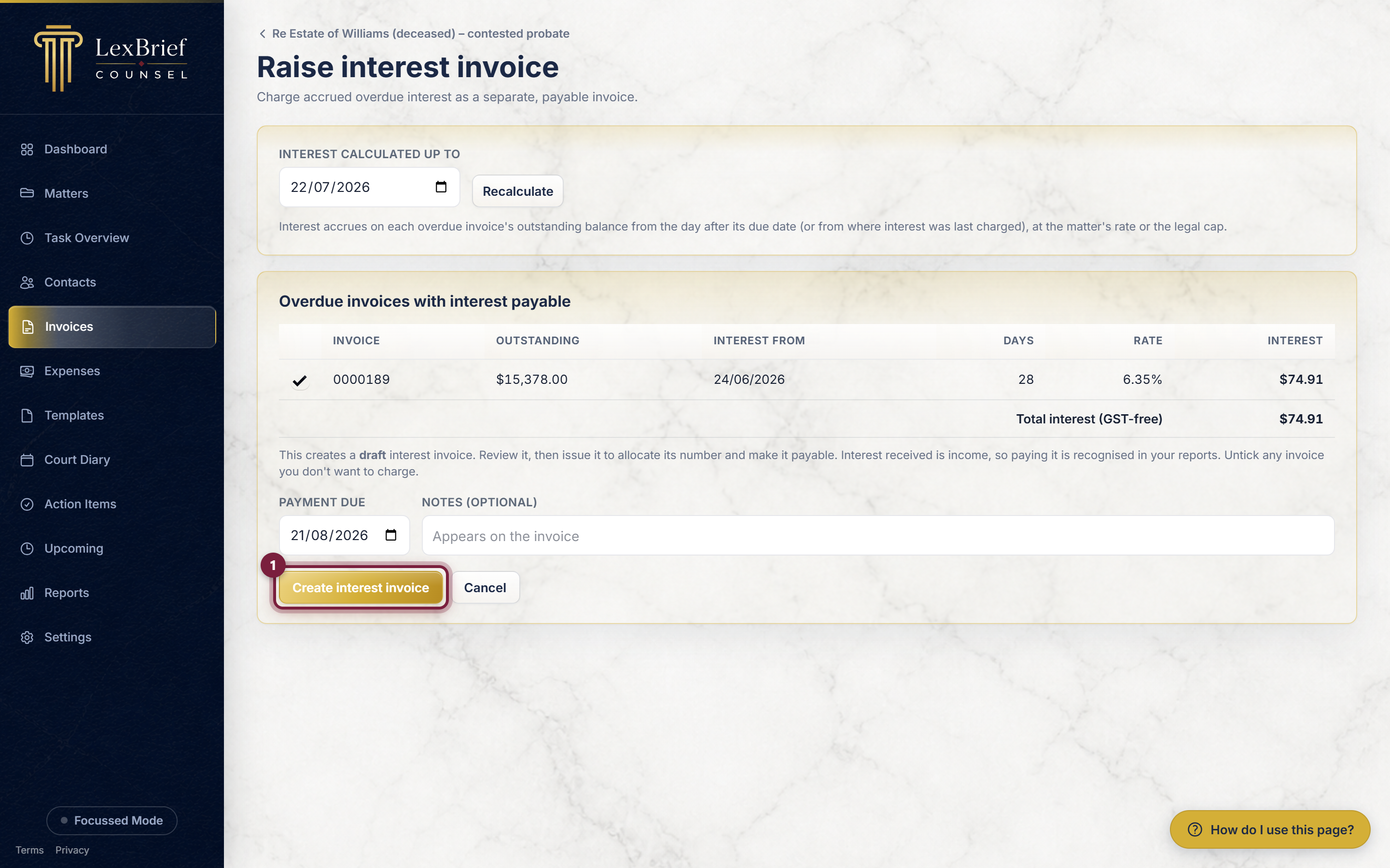 The Create interest invoice button at the bottom of the screen, circled