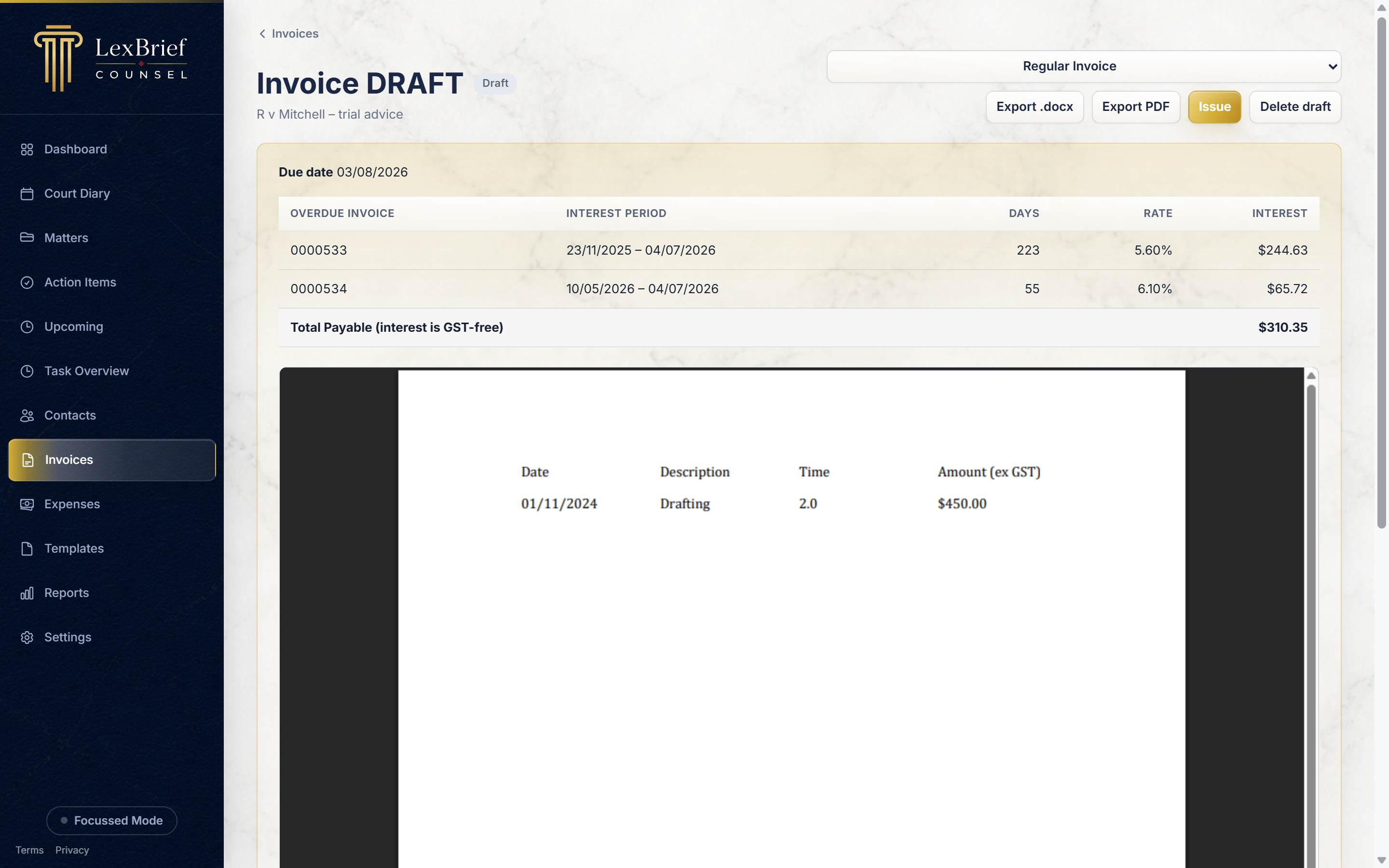The new interest invoice, showing the interest charges for each overdue invoice and a GST-free Total Payable line