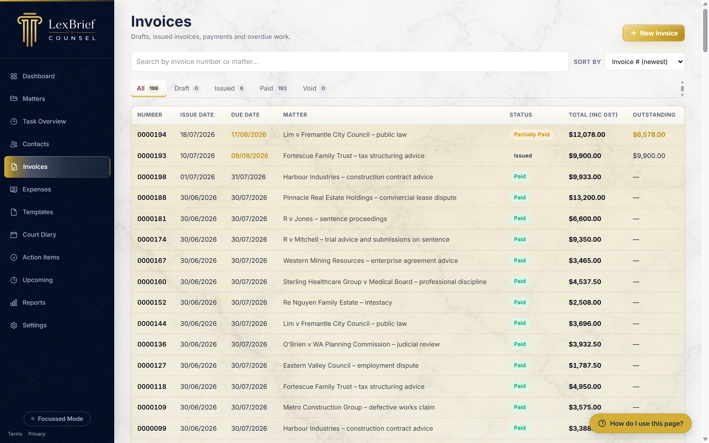 The Invoices list, showing one row per invoice with its number, dates, matter, status and total