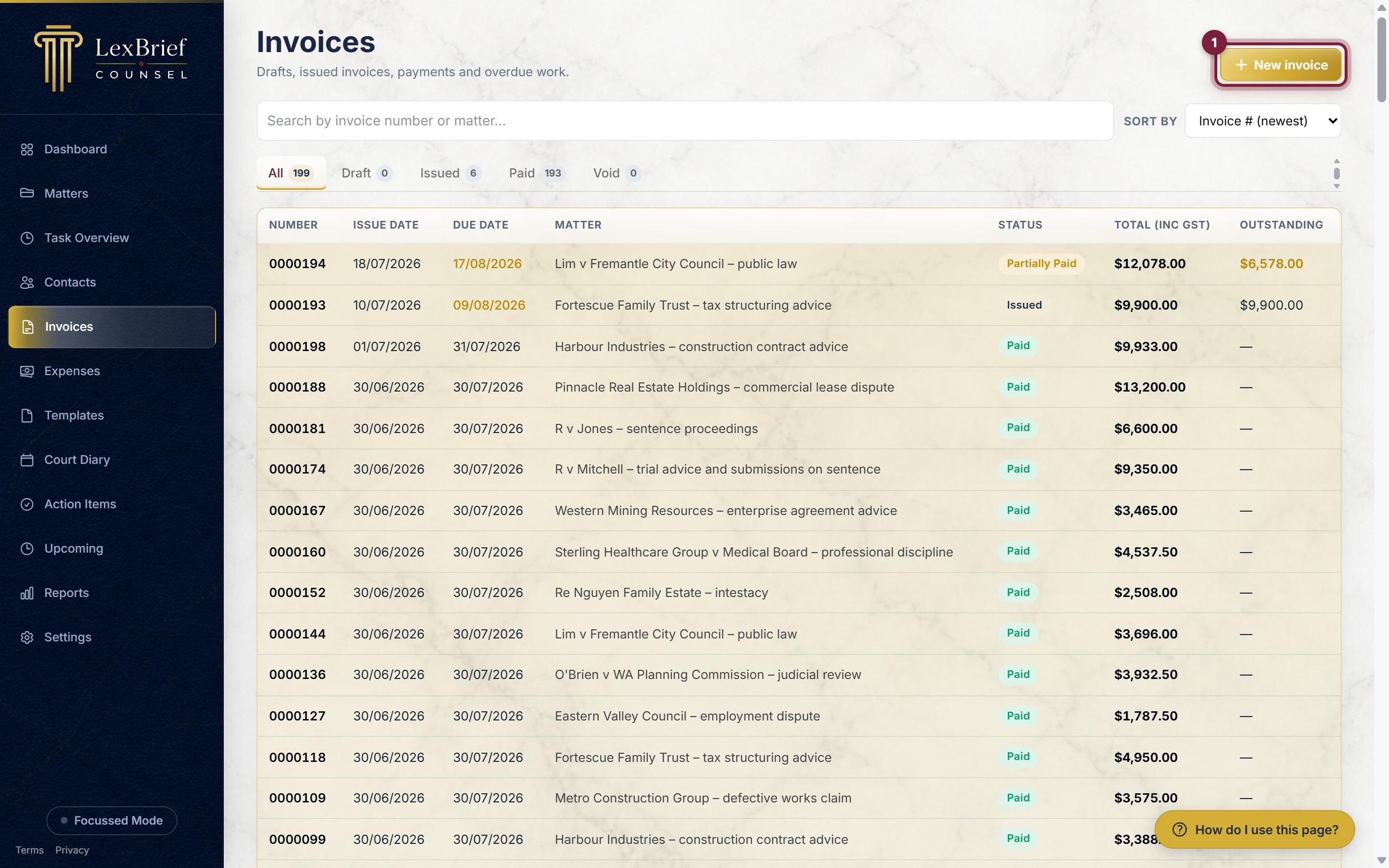 The New invoice button in the top-right of the Invoices page, circled