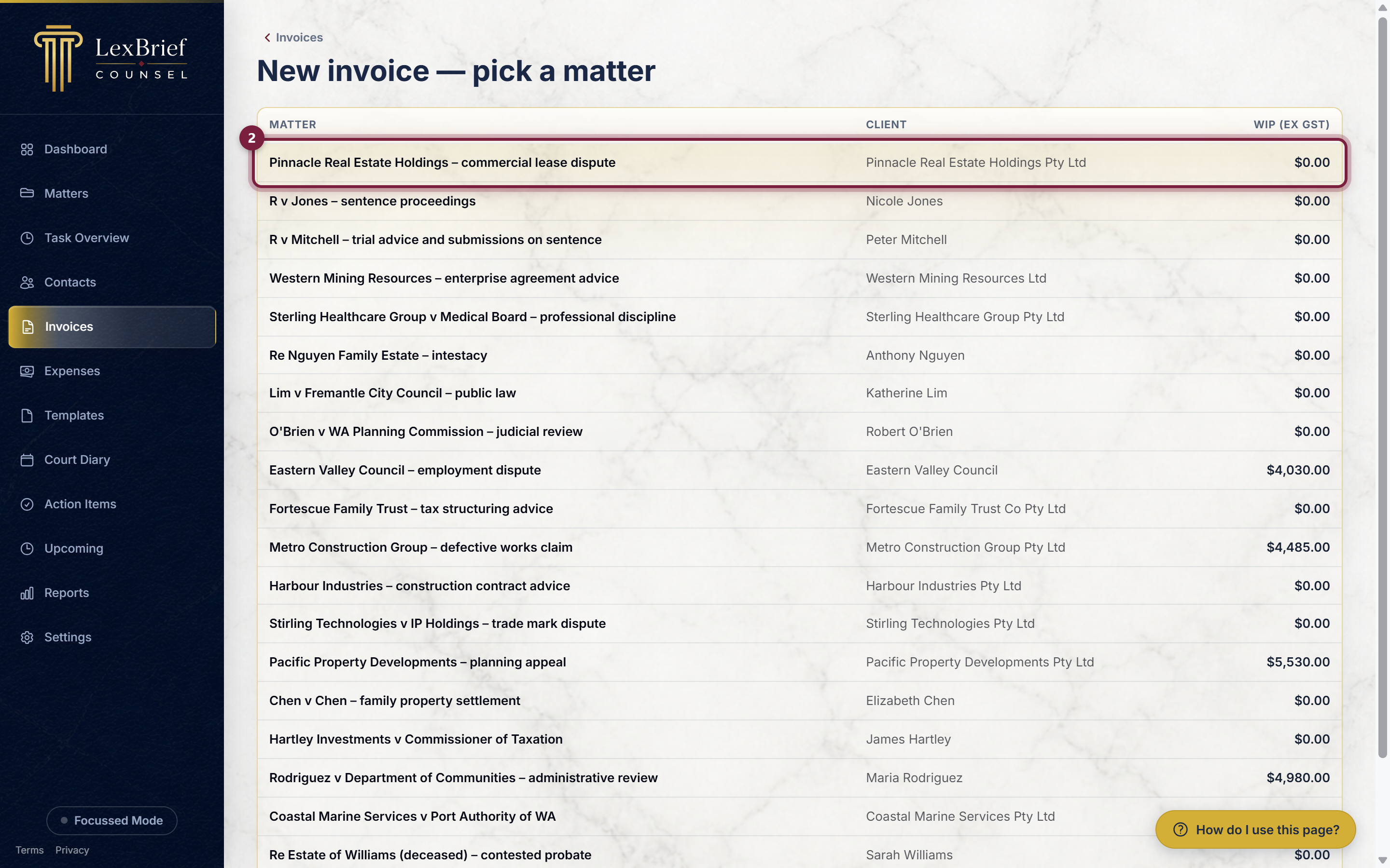 The pick-a-matter list shown when starting a new invoice, with the first matter row circled