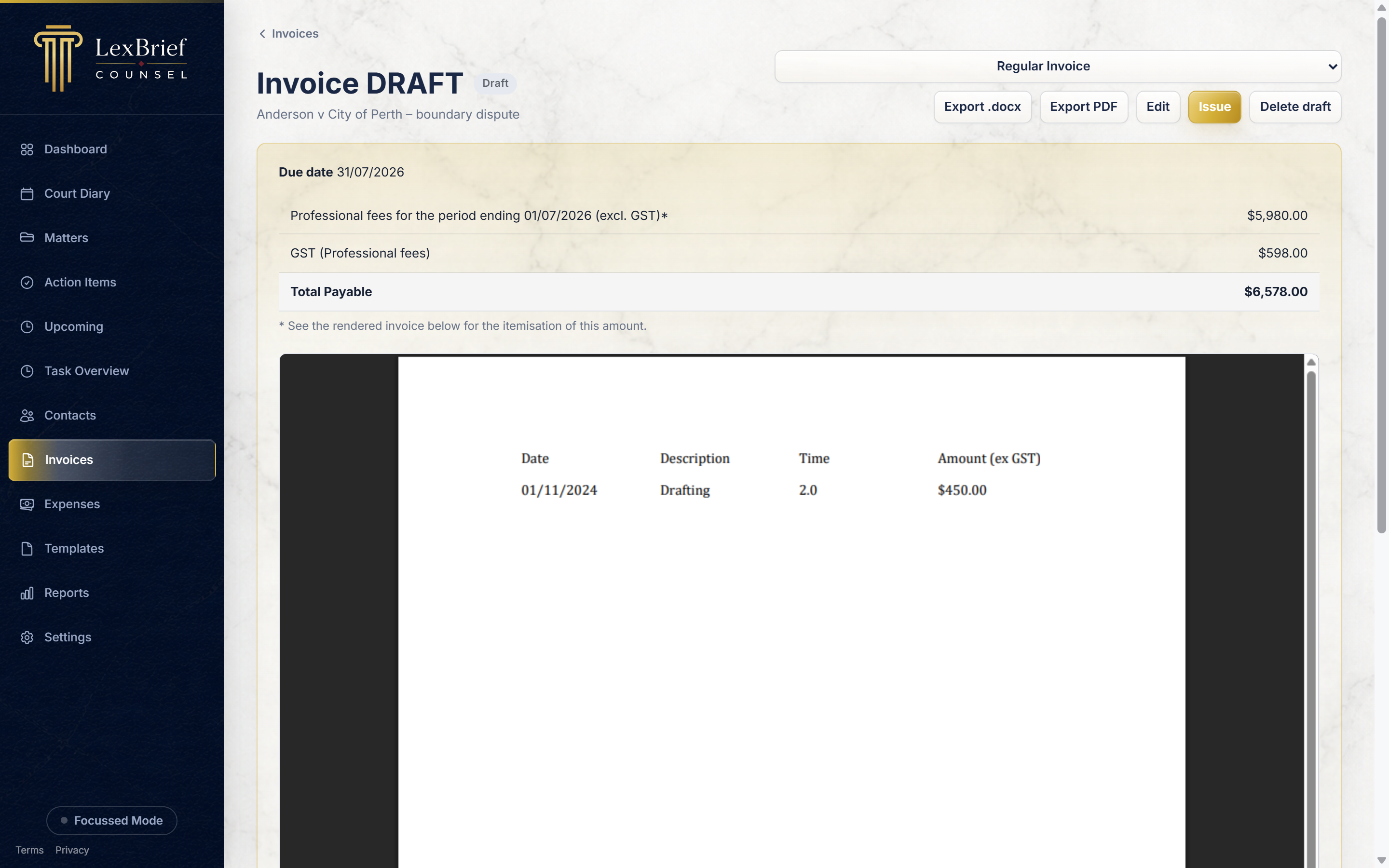 A draft invoice, showing the fees, GST and total summary and the draft document below