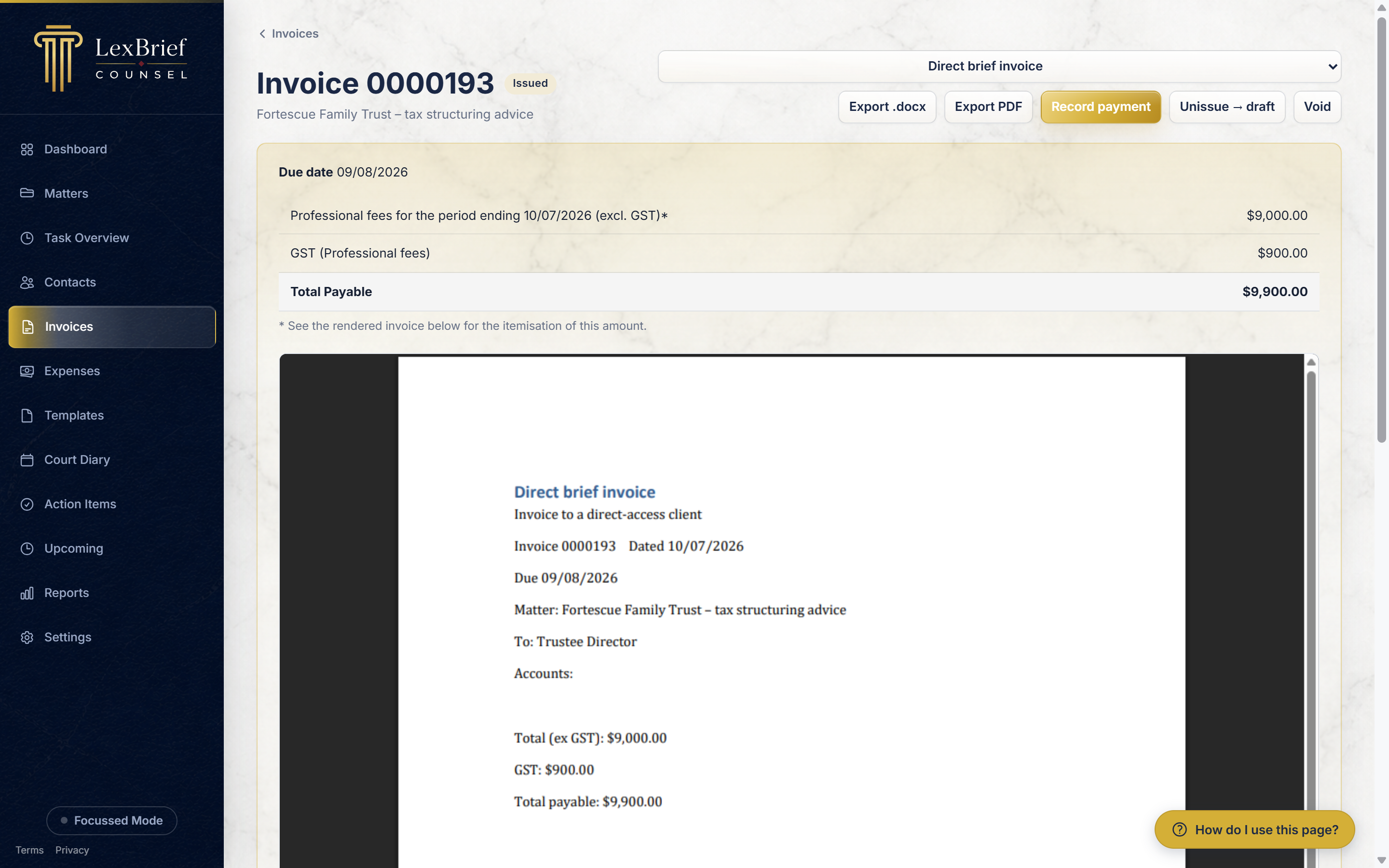 An issued invoice, showing the summary and the rendered invoice document below