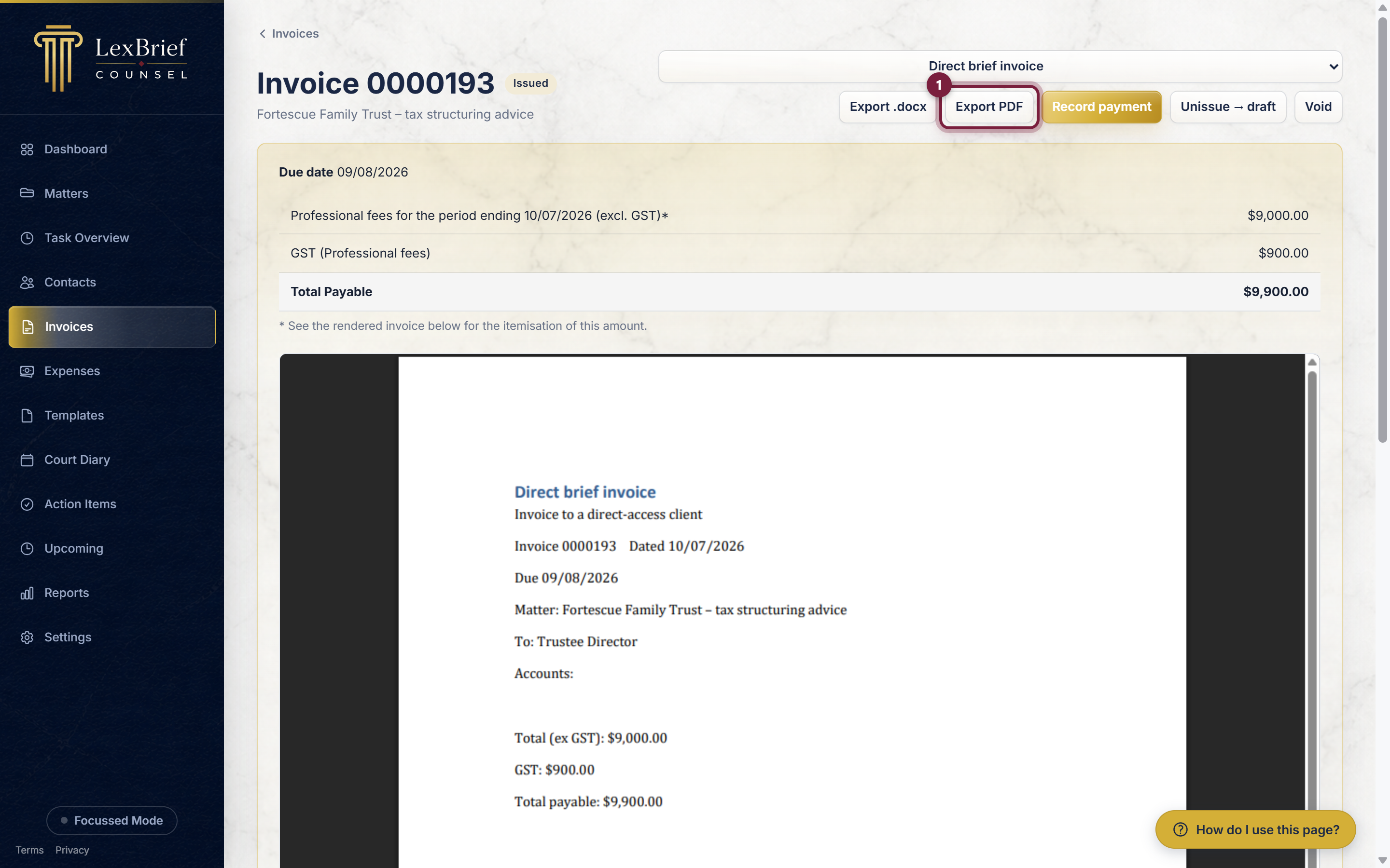 The Export PDF button on an issued invoice, circled