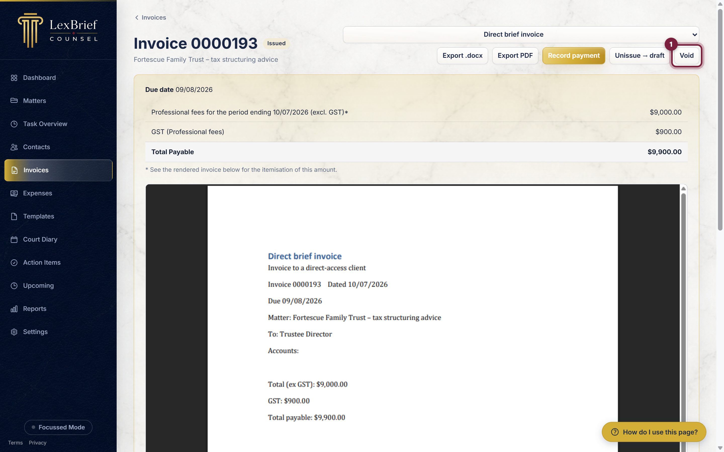 The Void button on an issued invoice, circled