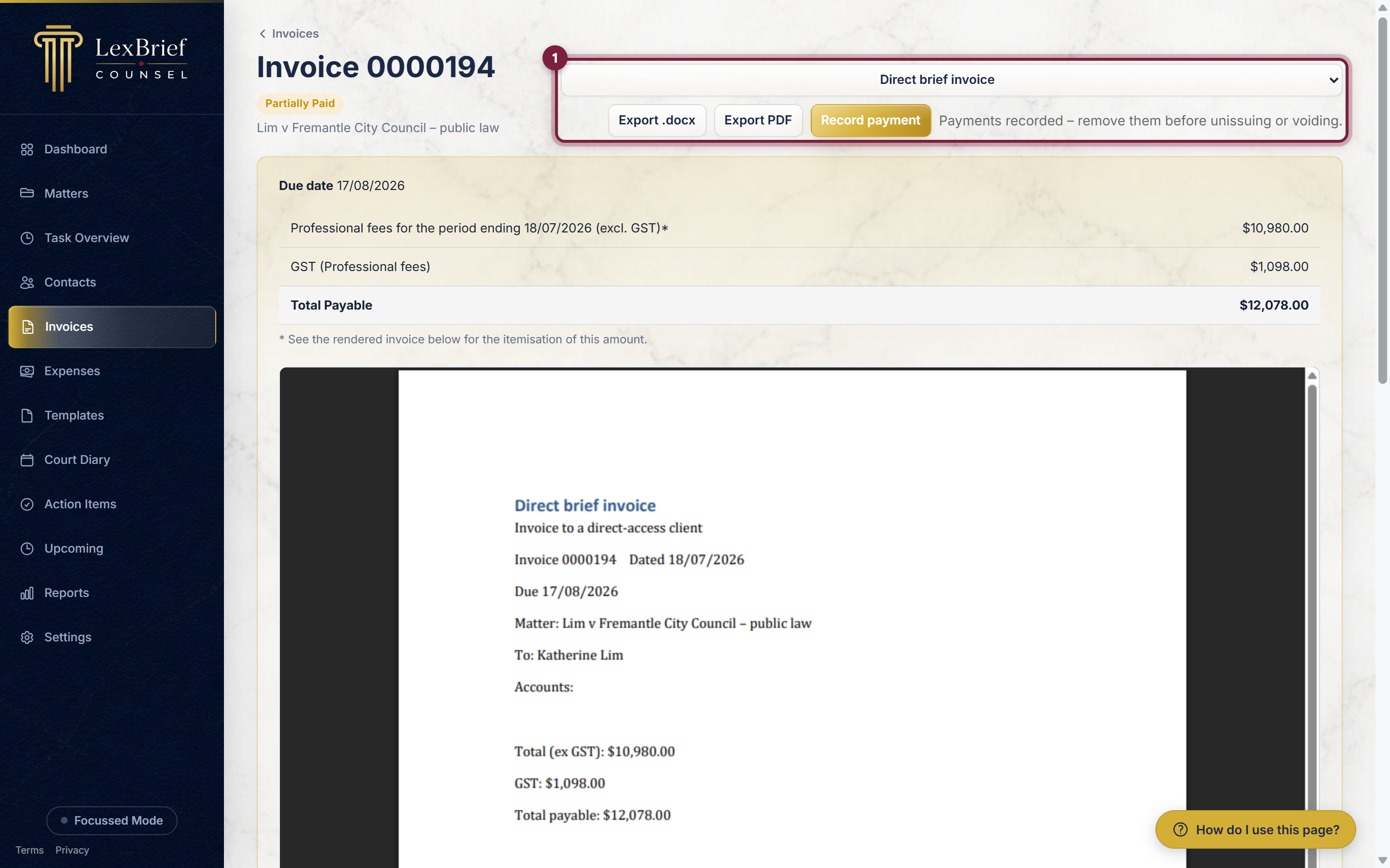 An invoice marked Partially Paid, with the action row circled: Export .docx, Export PDF and Record payment remain, and in place of Unissue and Void is the line 'Payments recorded – remove them before unissuing or voiding.'