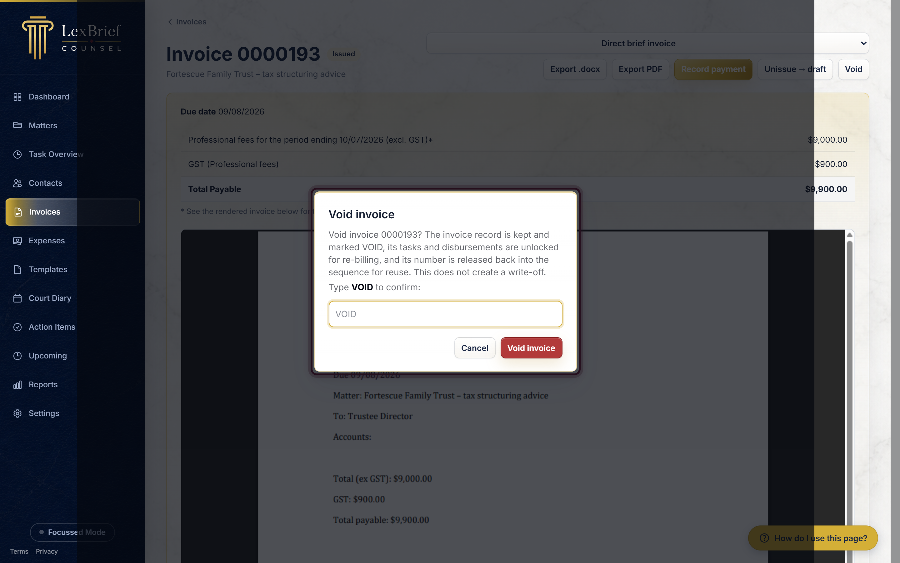 The Void invoice pop-up, explaining that the record is kept and marked VOID, that tasks and disbursements are unlocked for re-billing, that the number is released for reuse, and that voiding does not create a write-off, with the box where you type VOID below