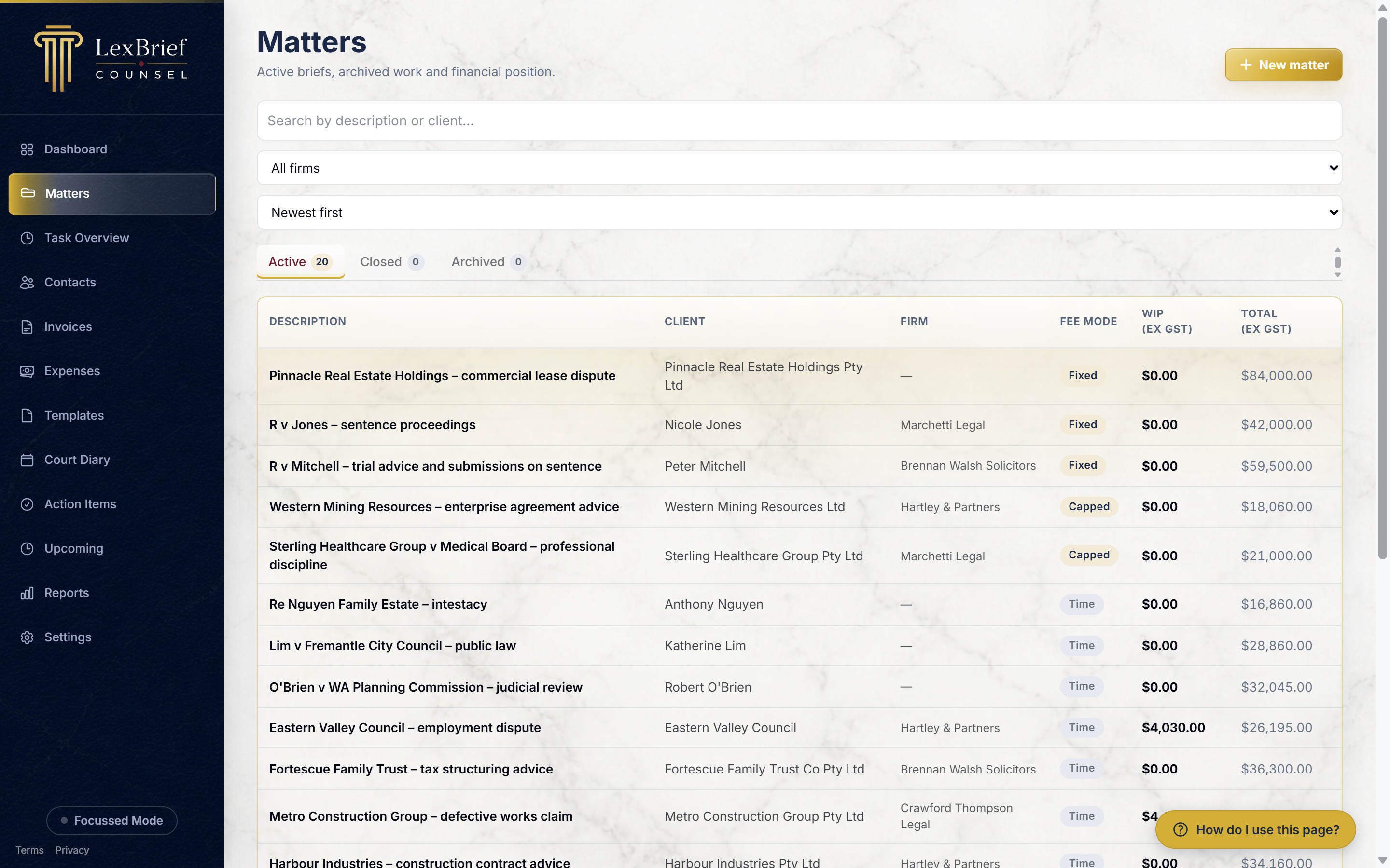 The Matters list, showing one row per matter with client, firm, fee mode and amounts