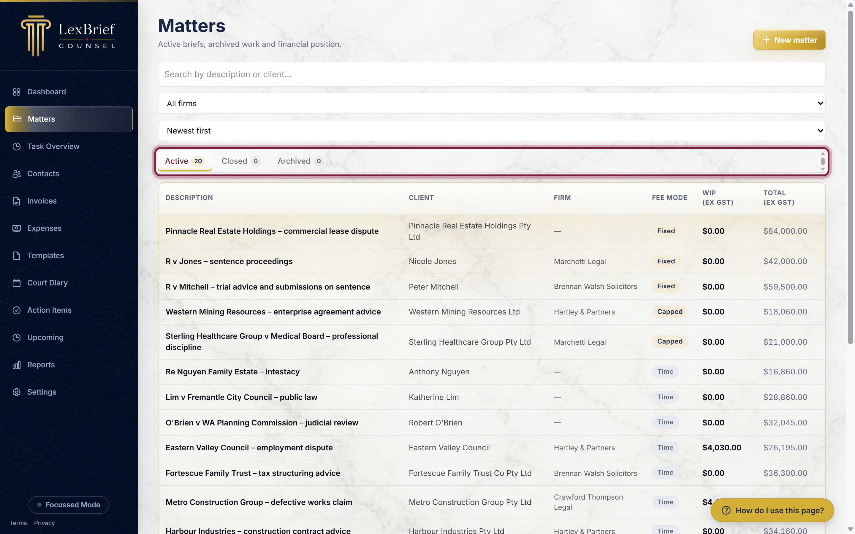 The Active, Closed and Archived tabs above the matters list, circled