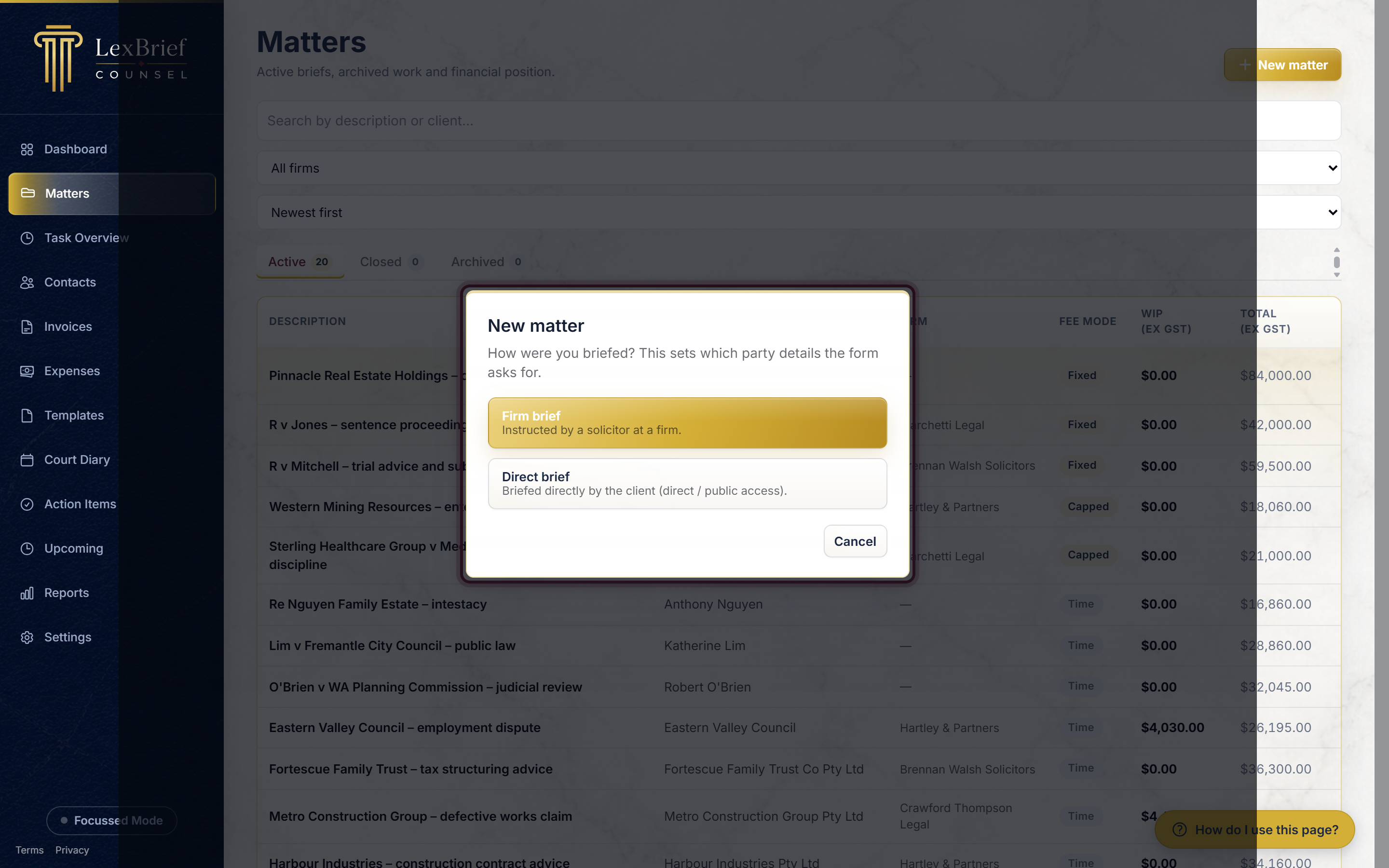 The pop-up box asking Firm brief or Direct brief