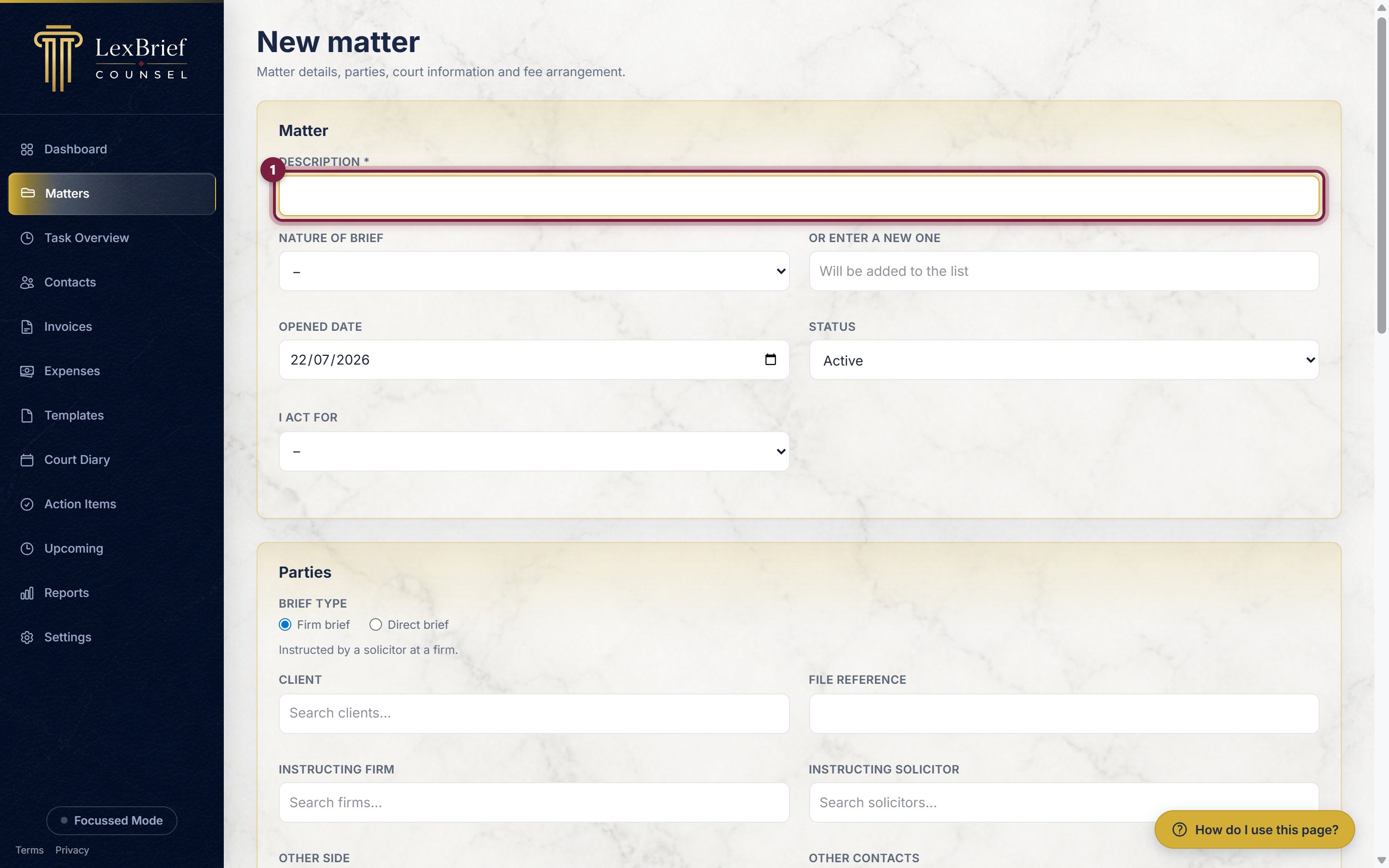 The Description box at the top of the new matter form, circled