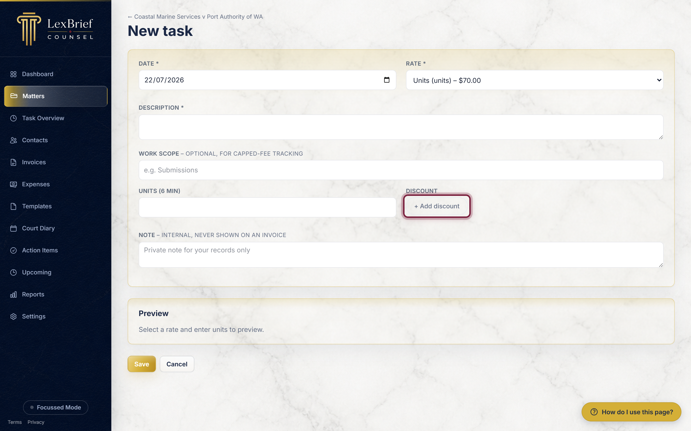 The task form with the Discount option collapsed, showing the + Add discount button, circled