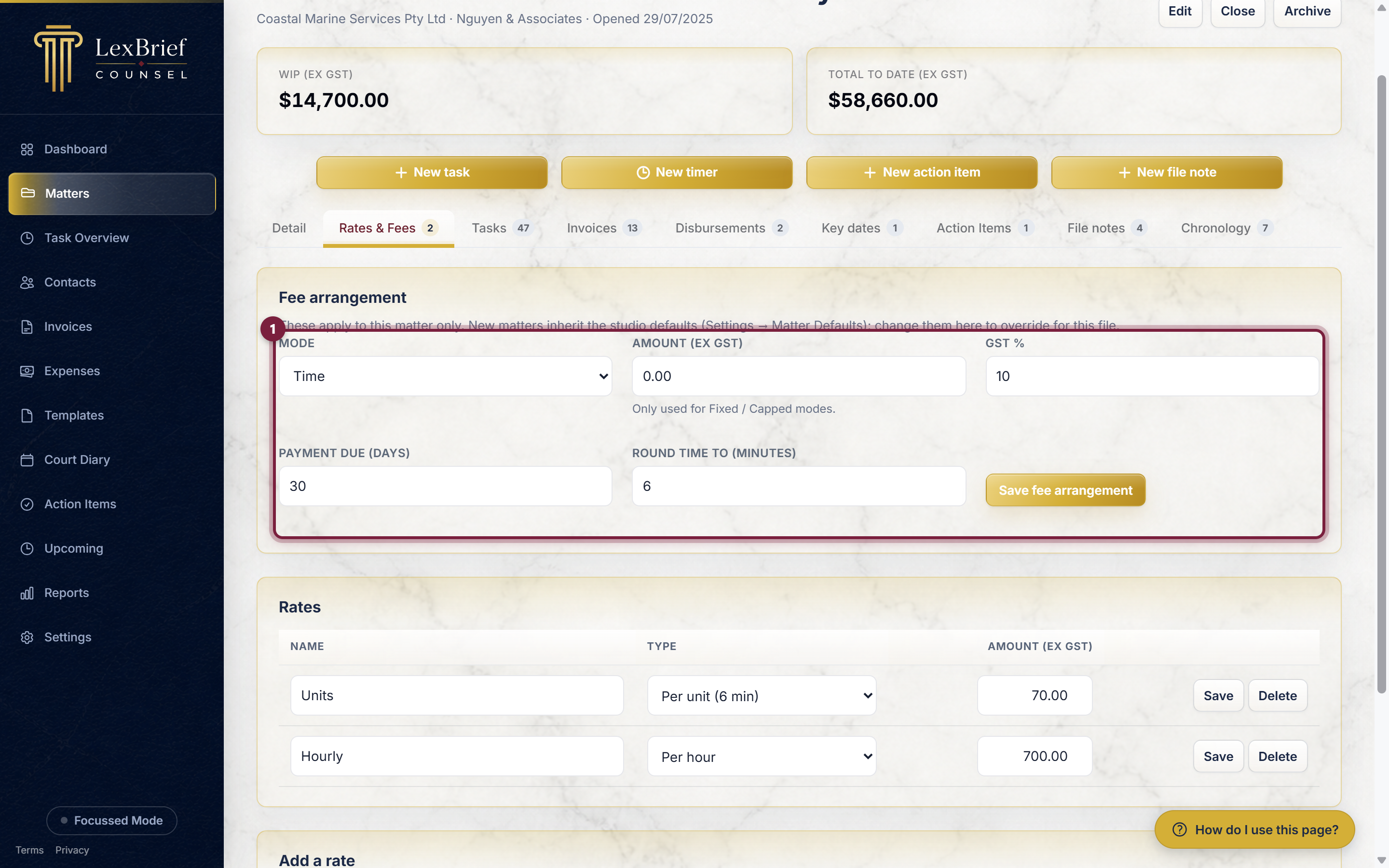 The Rates and Fees tab with the editable Fee arrangement card at the top circled, showing Mode, Amount ex GST, GST percent, Payment due days and Round time to minutes