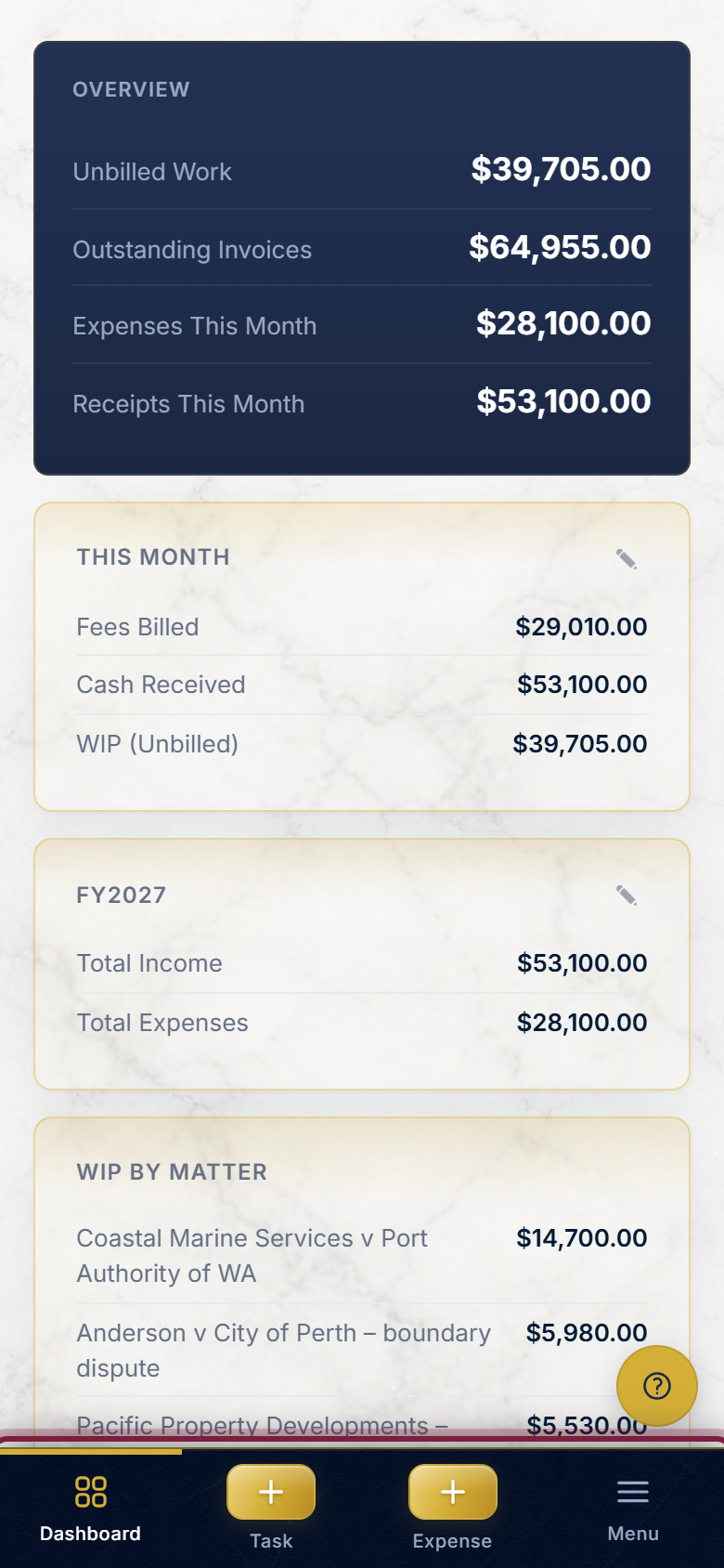 The bottom bar on a phone, with four buttons: Dashboard, Task, Expense and Menu