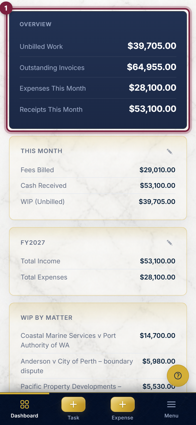 The top summary card on the mobile home screen, highlighted, showing Unbilled Work, Outstanding Invoices, and this month's expenses and receipts