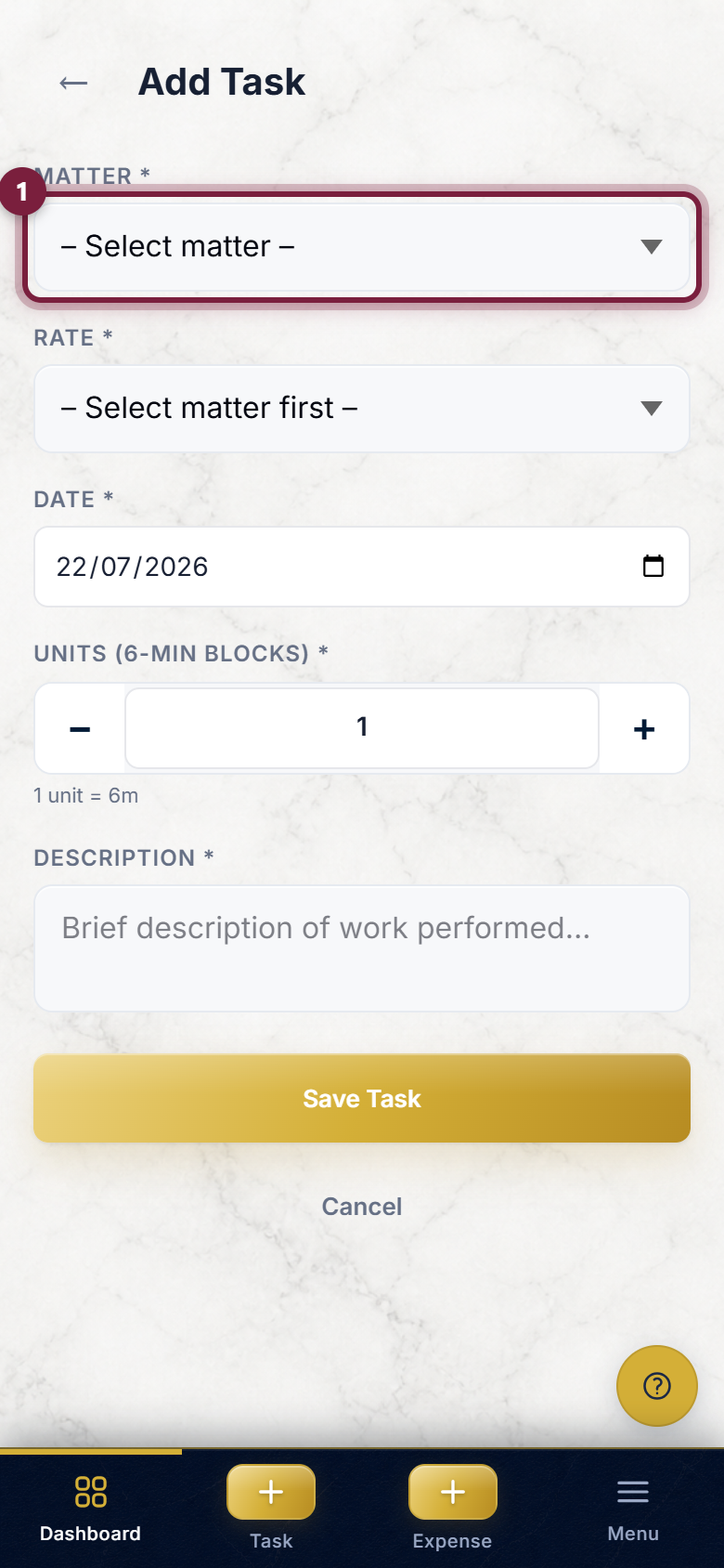 The Add Task form on a phone, with the Matter box highlighted