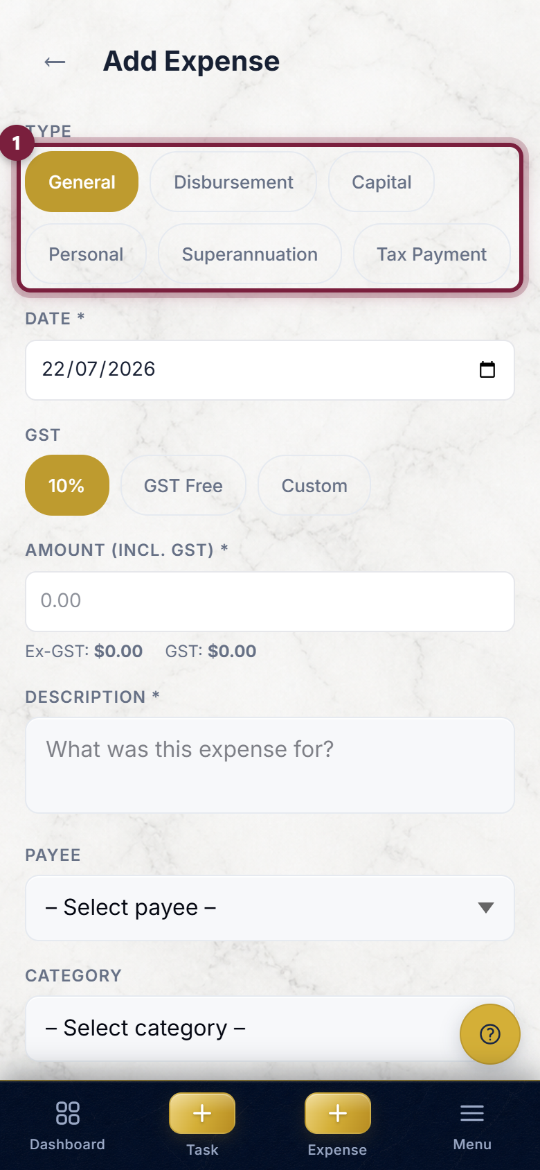 The Add Expense form on a phone, with the row of expense-type choices highlighted