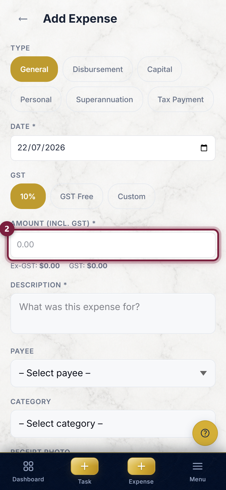 The Amount box on the Add Expense form, highlighted, with the ex-GST and GST split shown beneath