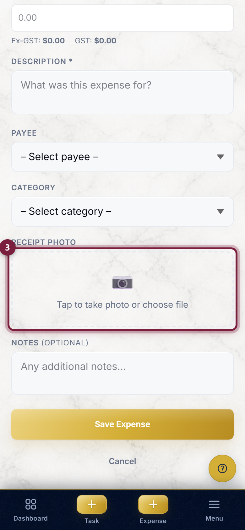 The Receipt Photo area on the Add Expense form, highlighted, ready to take or choose a photo