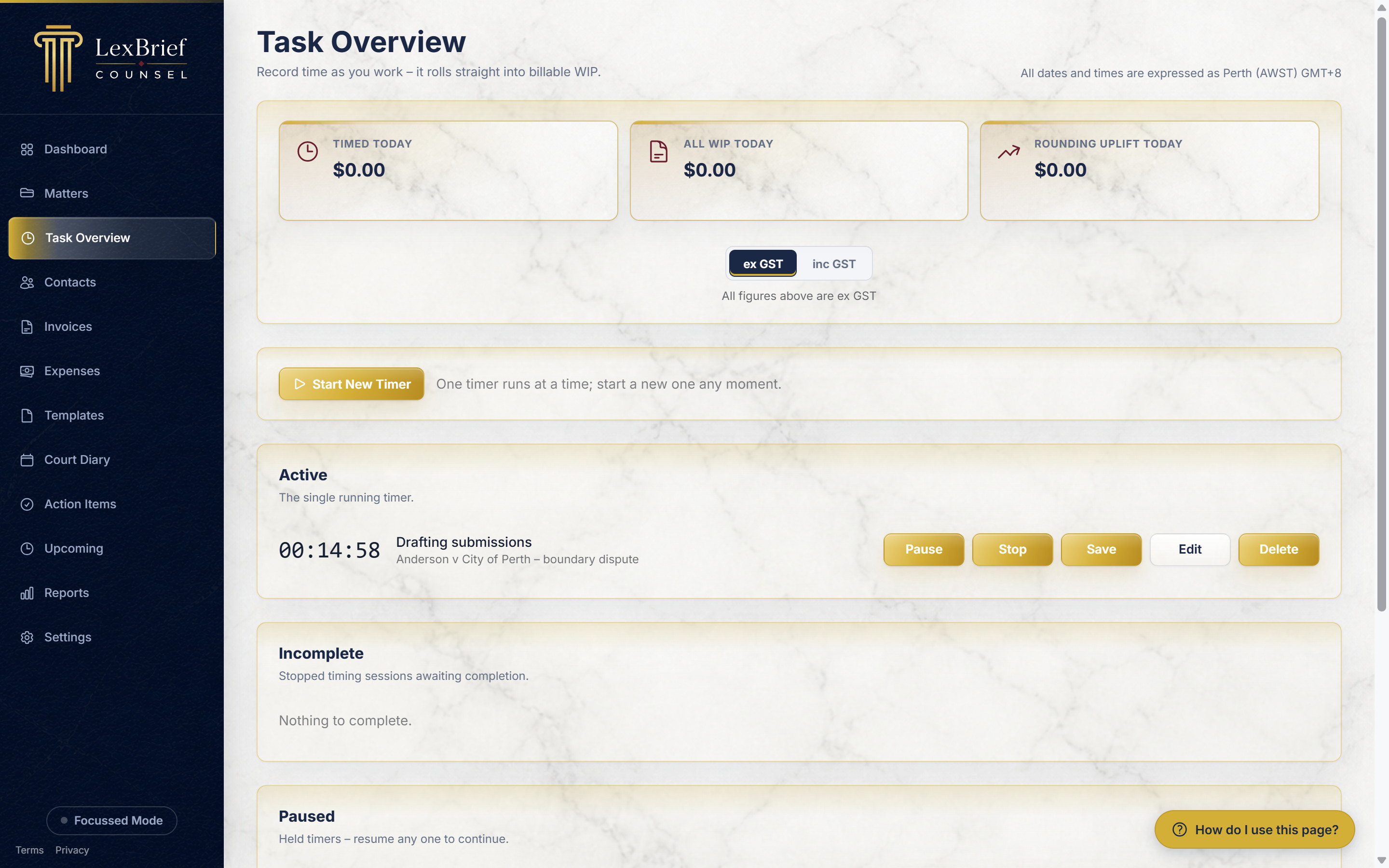 The Task Overview page, showing the figures across the top, the Start New Timer button, and the Active and Paused sections with a timer in each