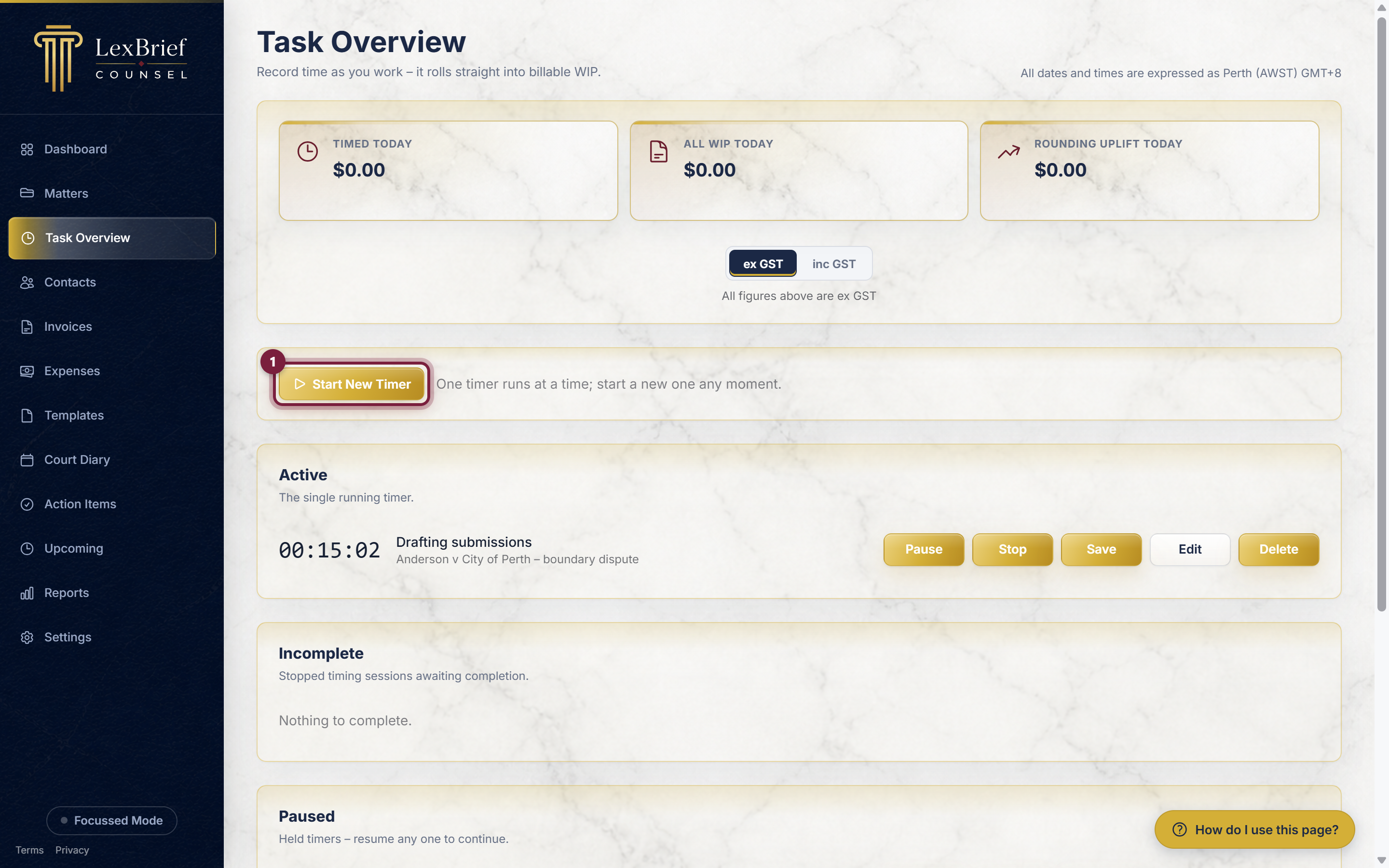 The Start New Timer button on the Task Overview page, circled