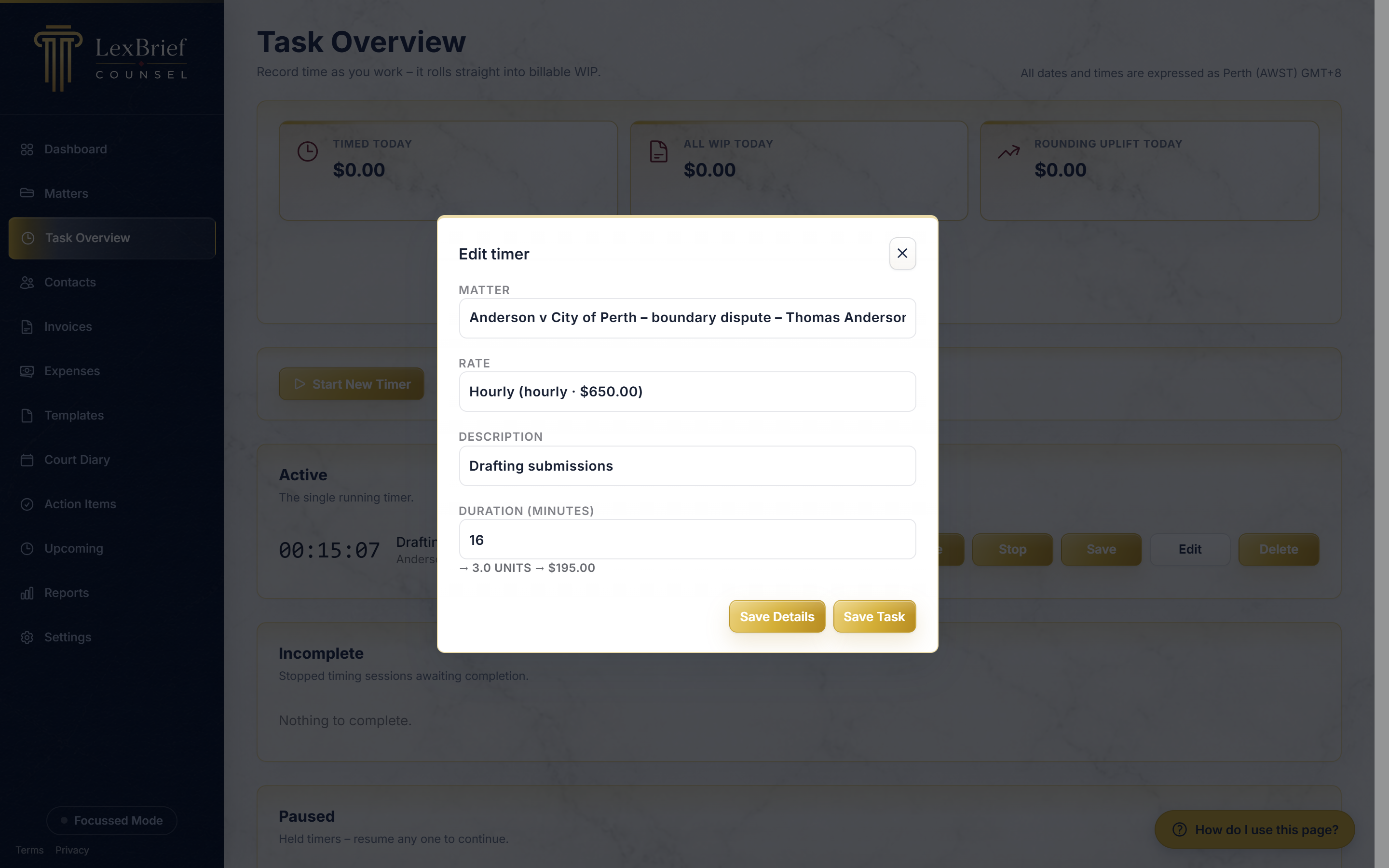 The Edit timer pop-up box, with the Matter list at the top circled, plus the Rate, Description and a live units and dollar preview