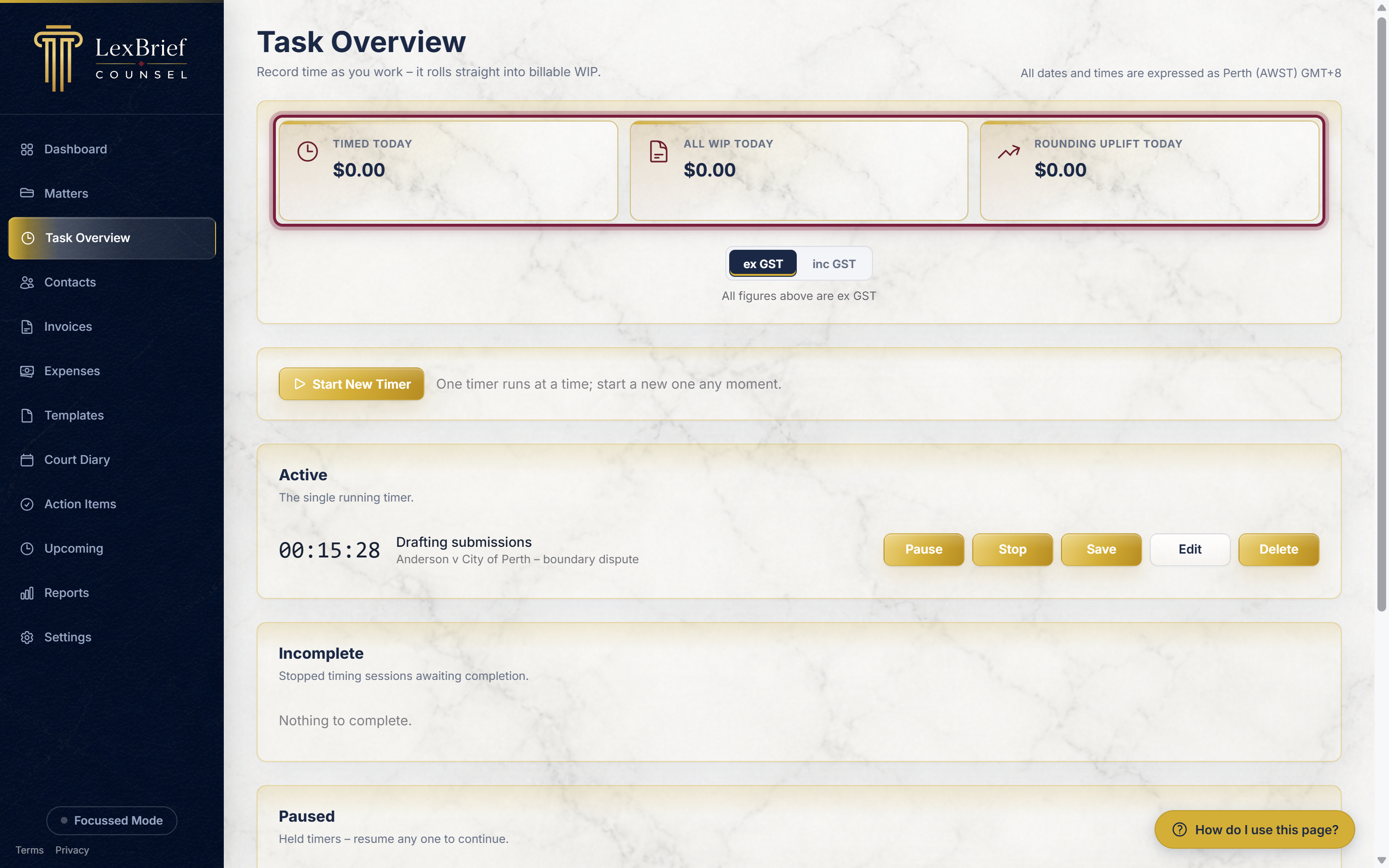 The three figures at the top of the Task Overview page - Timed today, All WIP today and Rounding uplift today - circled