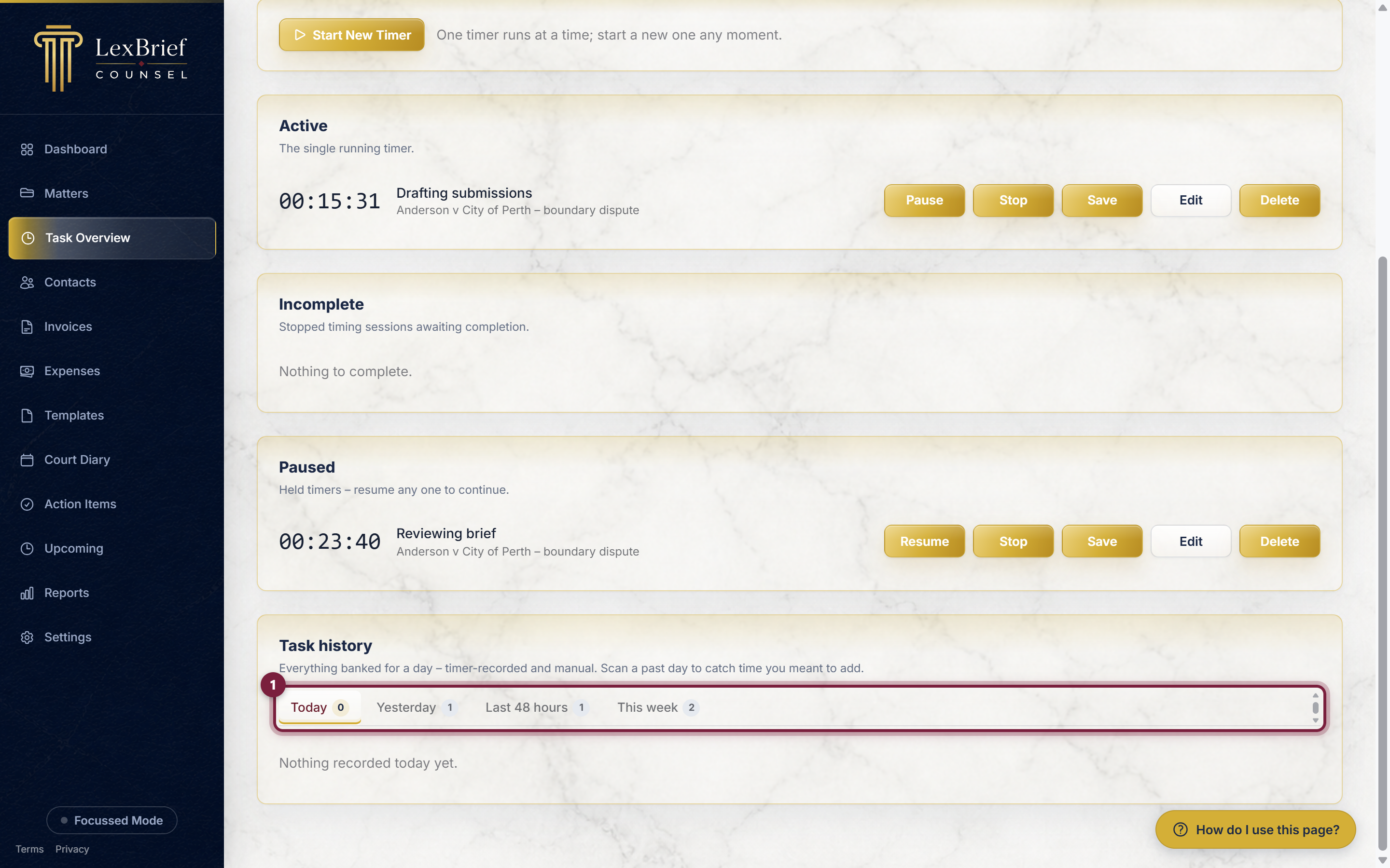 The Task history card on the Task Overview page, with its row of filter tabs circled - Today, Yesterday, 48h and Week, each showing a count