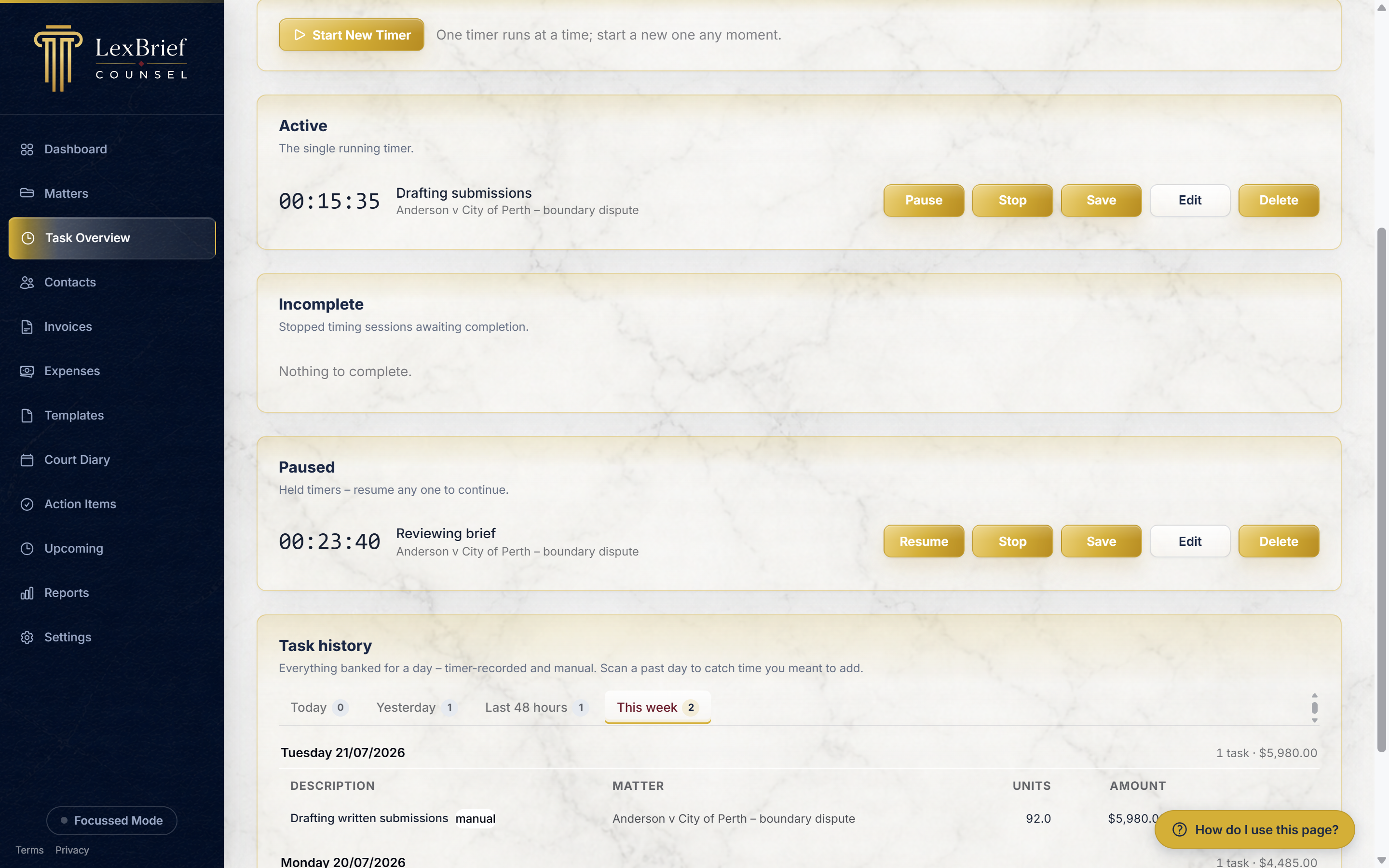 The Task history card with the Week tab selected, showing tasks grouped by day under a heading for each day