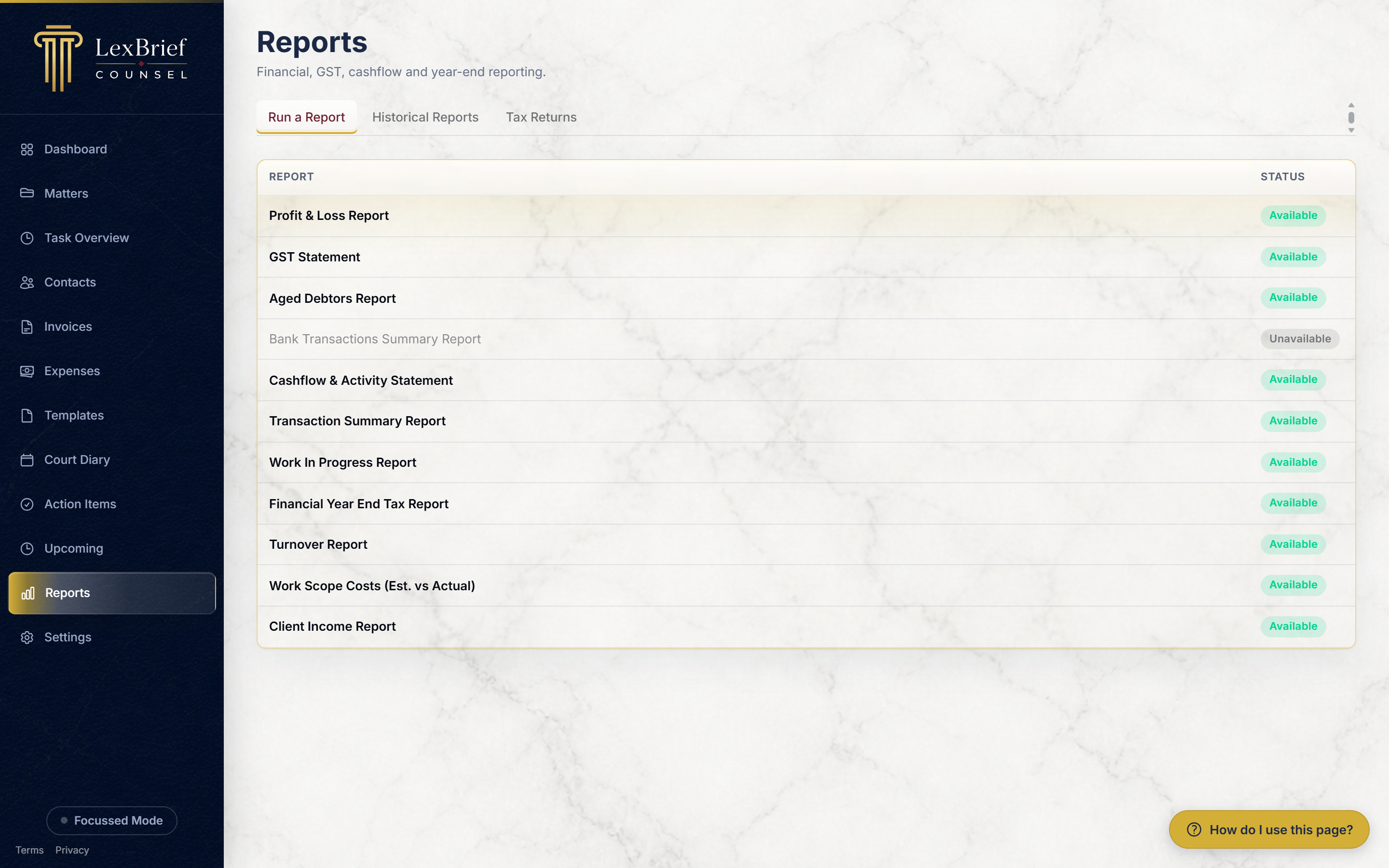The Reports page, showing the list of report types with their status