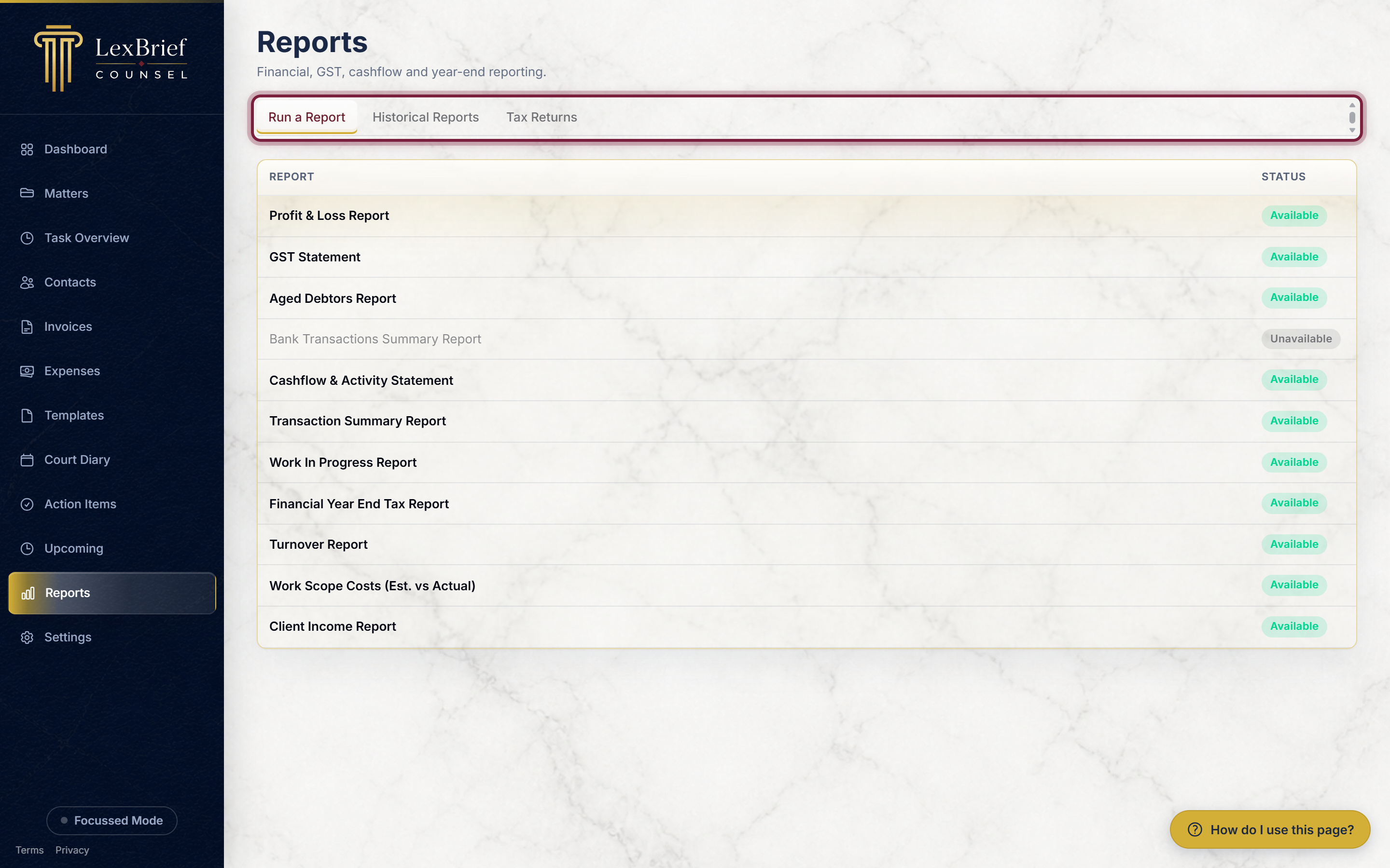 The three tabs near the top of the Reports page: Run a Report, Historical Reports and Tax Returns, circled