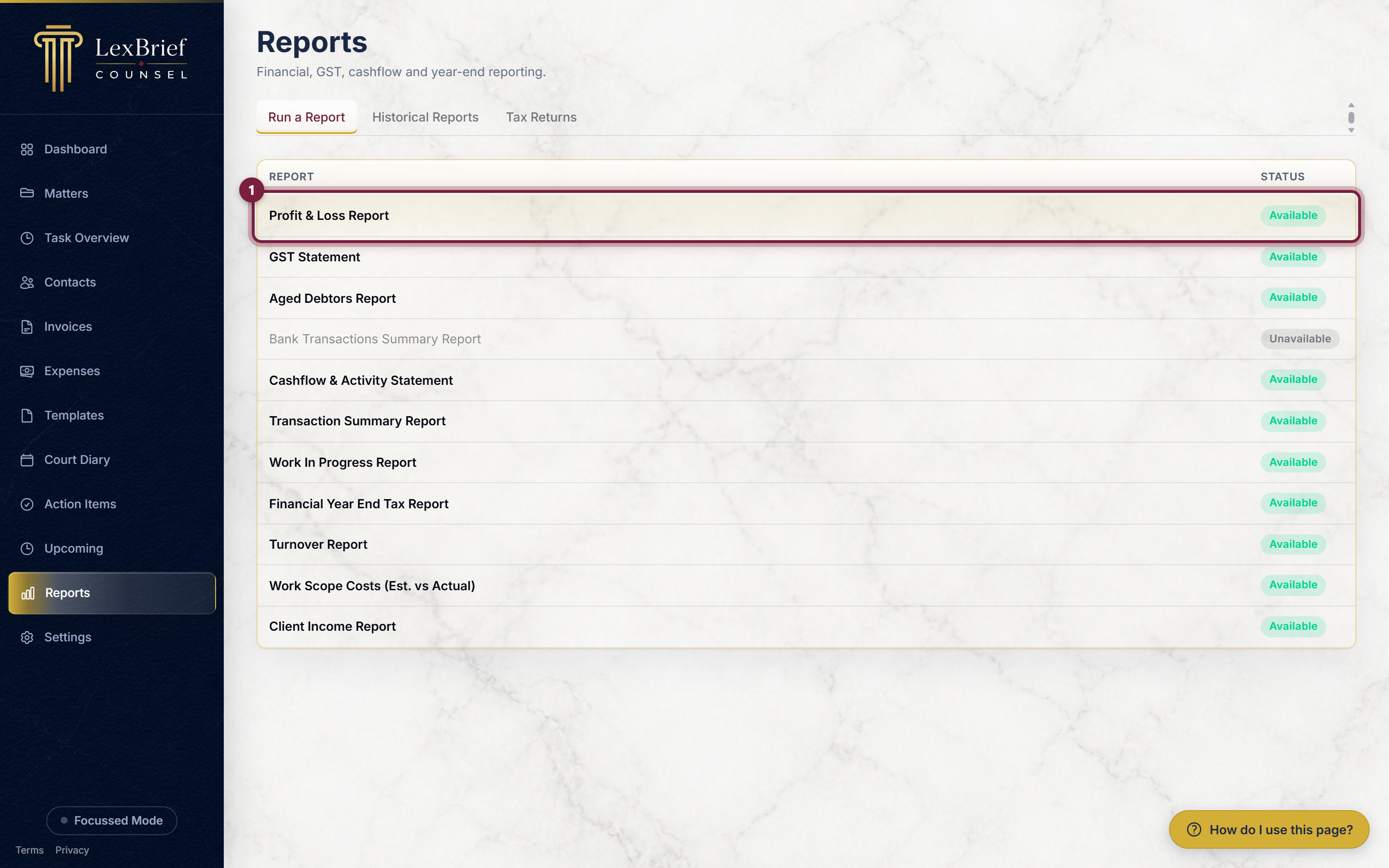 The report list with the Profit and Loss Report row circled